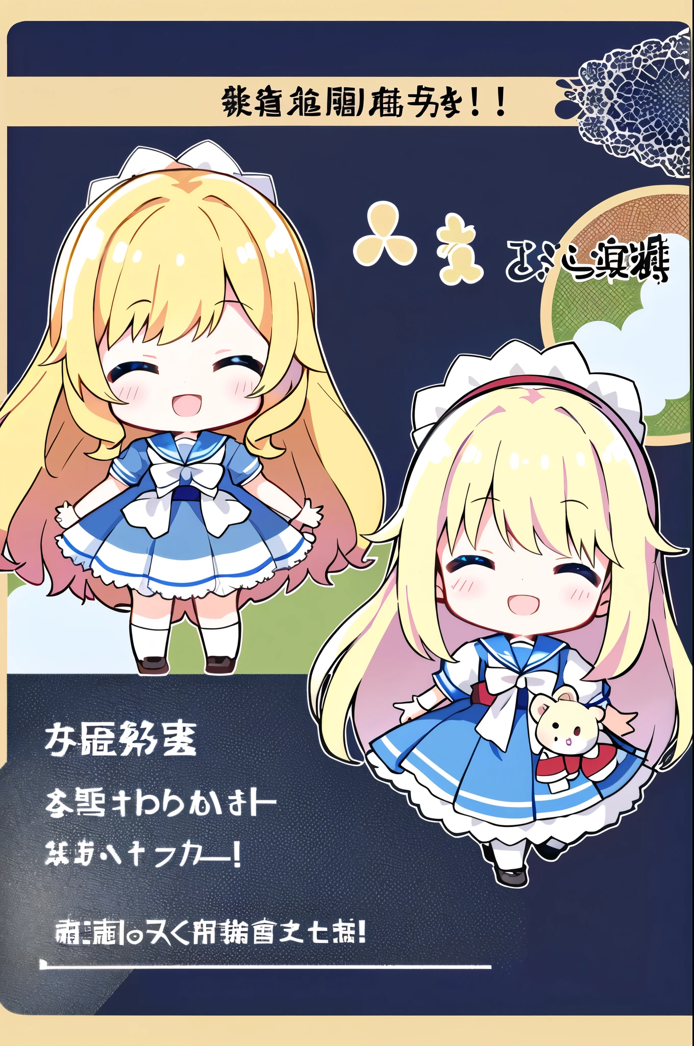 1Girl、(Top quality high resolution)、((A masterpiece of the highest quality:1.2)).blonde hair、long hair、fluffy hair、hair band、Alice、不思議の国のAlice、white apron、blue dress、fluffy dress、lace material、smile with closed eyes、open mouth smile、innocent smile、holding a bear doll、chibi、chibi character、、、(())
