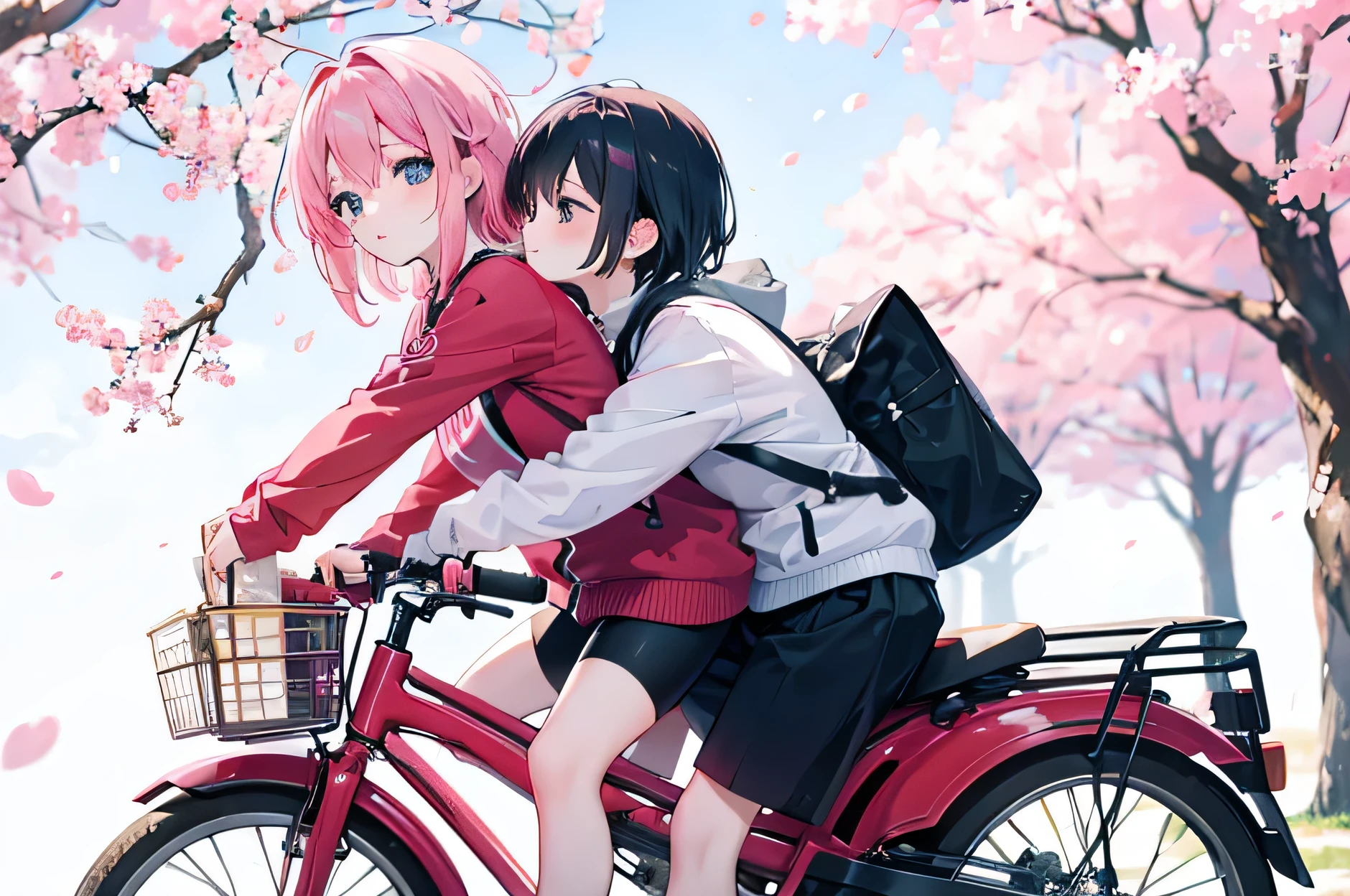 anime lesbian couple, on a single bike, cherry blossom park, back ride