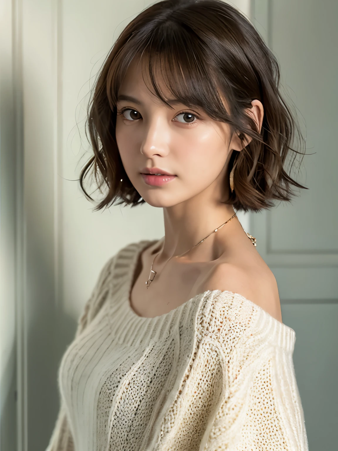 (top-quality、8K、32K、masterpiece、nffsw:1.2)、cute little日本人女性の写真、large full breasts、very short bobbed hair、The upper part of the body、sface focus、Oversized_Sweaters、a necklace、simple background、From above、looking at the viewerix4、(8K、Raw photography、top-quality、masterpiece:1.2)、(realisitic、Photorealsitic:1.37)、1girl in、cute little、profetional lighting、photon maping、physically-based renderingt、Gradient Brunette Hair、short curly hair、a handsome、Girly、superior image quality、hight resolution、1080p、(Clear face)、(Detailed face description)、(Detailed hand description)、(masuter piece)、(Exquisite CG)、 extreme light and shadows、hair messy、masterpiece、lush detail、(Exquisite facial features)、(The highest image quality)、(masterpiece)、(A detailed eye)、Looking forward to your eyes、Delicate collarbones、Poses variadas、don't watch mela、profile、white walls、Taken in front of the white door、(white walls room with window)、Autumn clothes、Winter clothes、simple a necklace、light blue knit