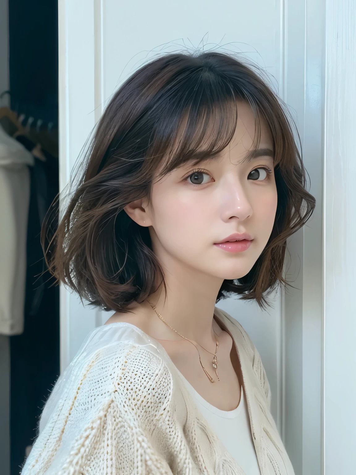 (top-quality、8K、32K、​masterpiece、nffsw:1.2)、cute little日本人女性の写真、large full breasts、very short bobbed hair、The upper part of the body、sface focus、Oversized_Sweaters、a necklace、simple background、From above、looking at the viewerix4、(8K、Raw photography、top-quality、​masterpiece:1.2)、(realisitic、Photorealsitic:1.37)、1girl in、cute little、profetional lighting、photon maping、physically-based renderingt、Gradient Brunette Hair、short curly hair、a handsome、Girly、superior image quality、hight resolution、1080p、(Clear face)、(Detailed face description)、(Detailed hand description)、(masuter piece)、(Exquisite CG)、 extreme light and shadows、hair messy、​masterpiece、lush detail、(Exquisite facial features)、(The highest image quality)、(​masterpiece)、(A detailed eye)、Looking forward to your eyes、Delicate collarbones、Poses variadas、don&#39;t watch mela、profile、white walls、Taken in front of the white door、(white walls room with window)、Autumn clothes、Winter clothes、simple a necklace、light blue knit