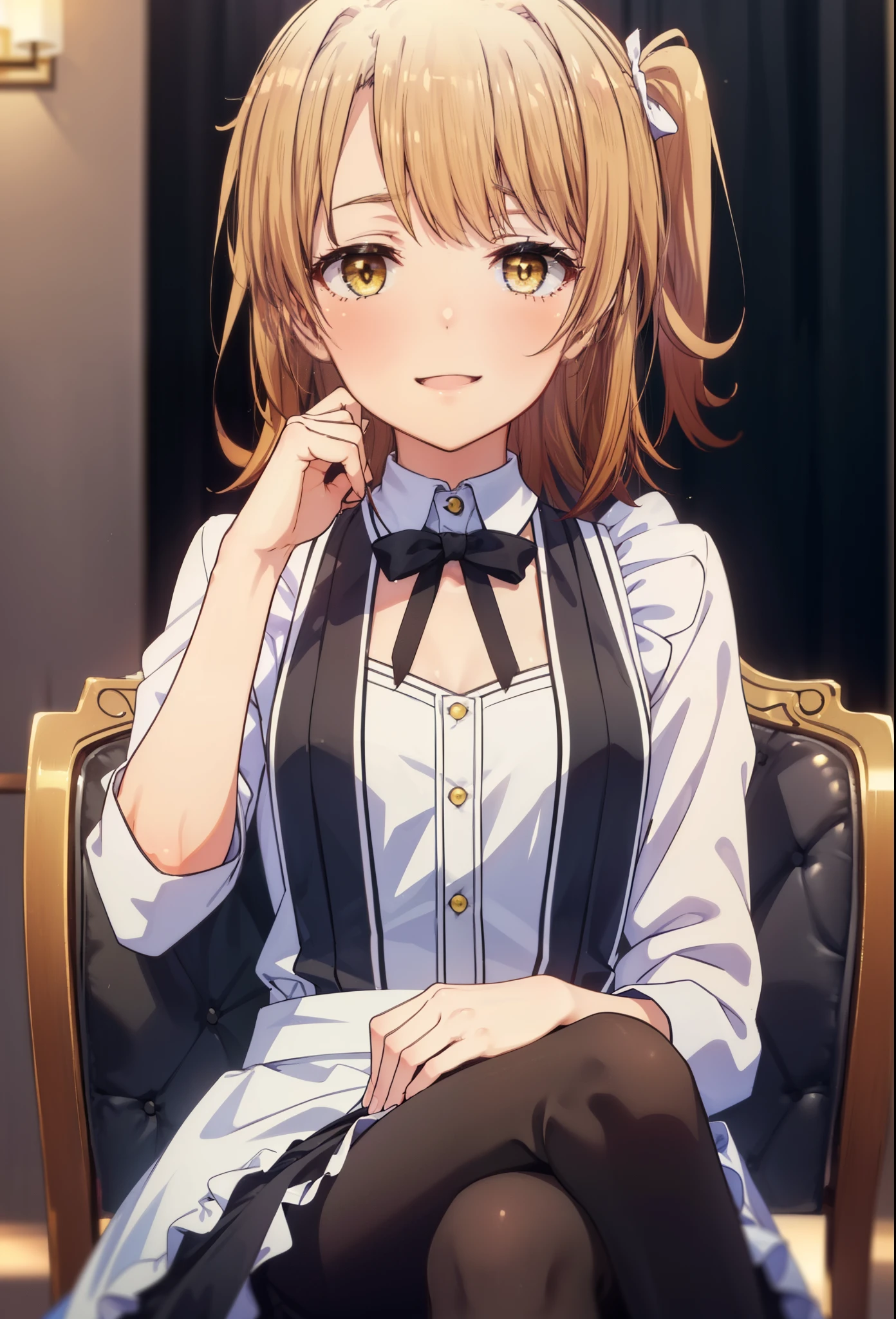 irohaisshiki, iroha isshiki, long hair, brown hair, (brown eyes:1.5), Smile, smile, open your mouth,short braided hair,ponytail,blush,smile,Maid clothes,bare chest,Medium chest,she was wearing a long skirt, black pantyhose, sitting cross-legged on a chair,So that the whole body goes into the illustration,
break indoors, coffee shop,
break looking at viewer,
break (masterpiece:1.2), highest quality, High resolution, unity 8k wallpaper, (shape:0.8), (fine and beautiful eyes:1.6), highly detailed face, perfect lighting, Very detailed CG, (perfect hands, perfect anatomy),