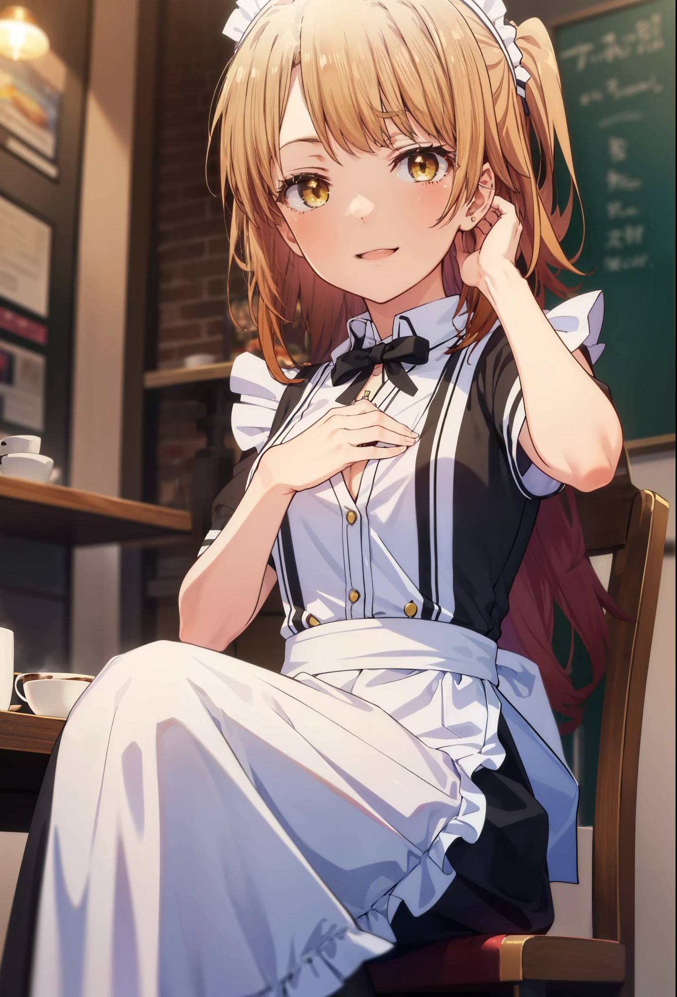 irohaisshiki, iroha isshiki, long hair, brown hair, (brown eyes:1.5), Smile, smile, open your mouth,side ponytail,blush,smile,Maid clothes,bare chest,Medium chest,she was wearing a long skirt, black pantyhose, sitting cross-legged on a chair,So that the whole body goes into the illustration,
break indoors, coffee shop,
break looking at viewer,
break (masterpiece:1.2), highest quality, High resolution, unity 8k wallpaper, (shape:0.8), (fine and beautiful eyes:1.6), highly detailed face, perfect lighting, Very detailed CG, (perfect hands, perfect anatomy),