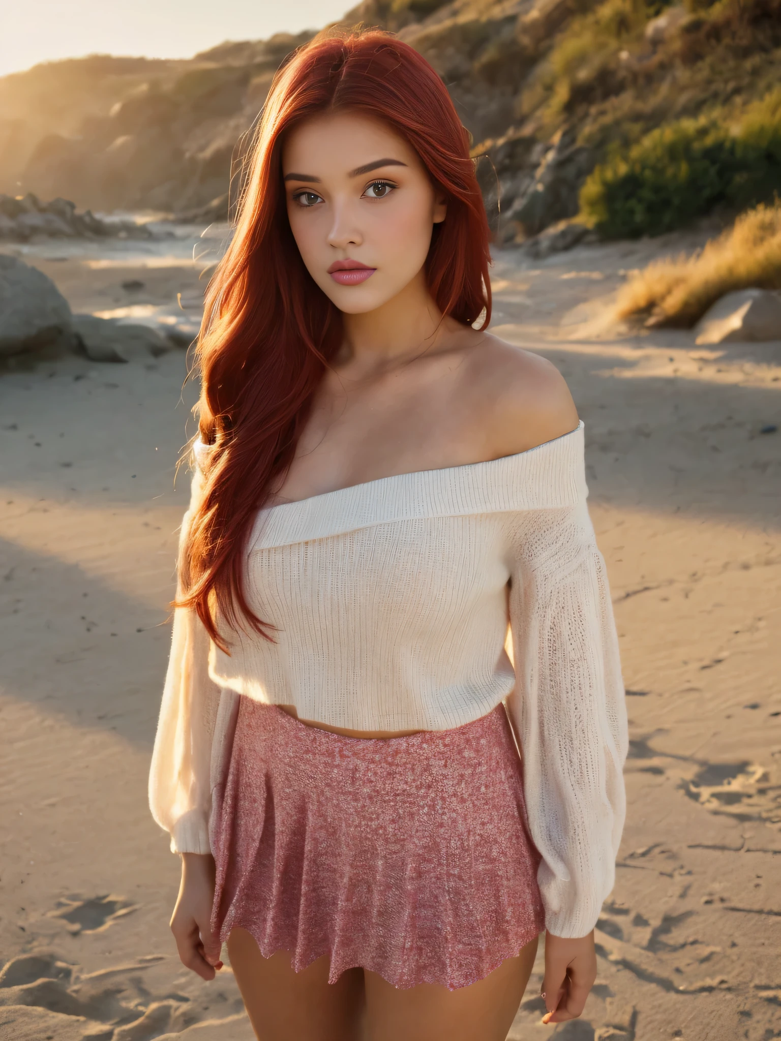 nordic young woman, cute face, seductive, best quality, masterpiece, Off-shoulder V neck shirt with pleated mini hot skirt, golden hour, detailed textures, long braded hair, Standing on floor, looking at camera, posing, intimate pose, Beach, exterior, [blush], aesthetic, intricate, caustics, light rays, sunlight, (((soft lips))), (((glossy lips))), highly detailed, (semi-realistic:1.2), niloudef, red hair