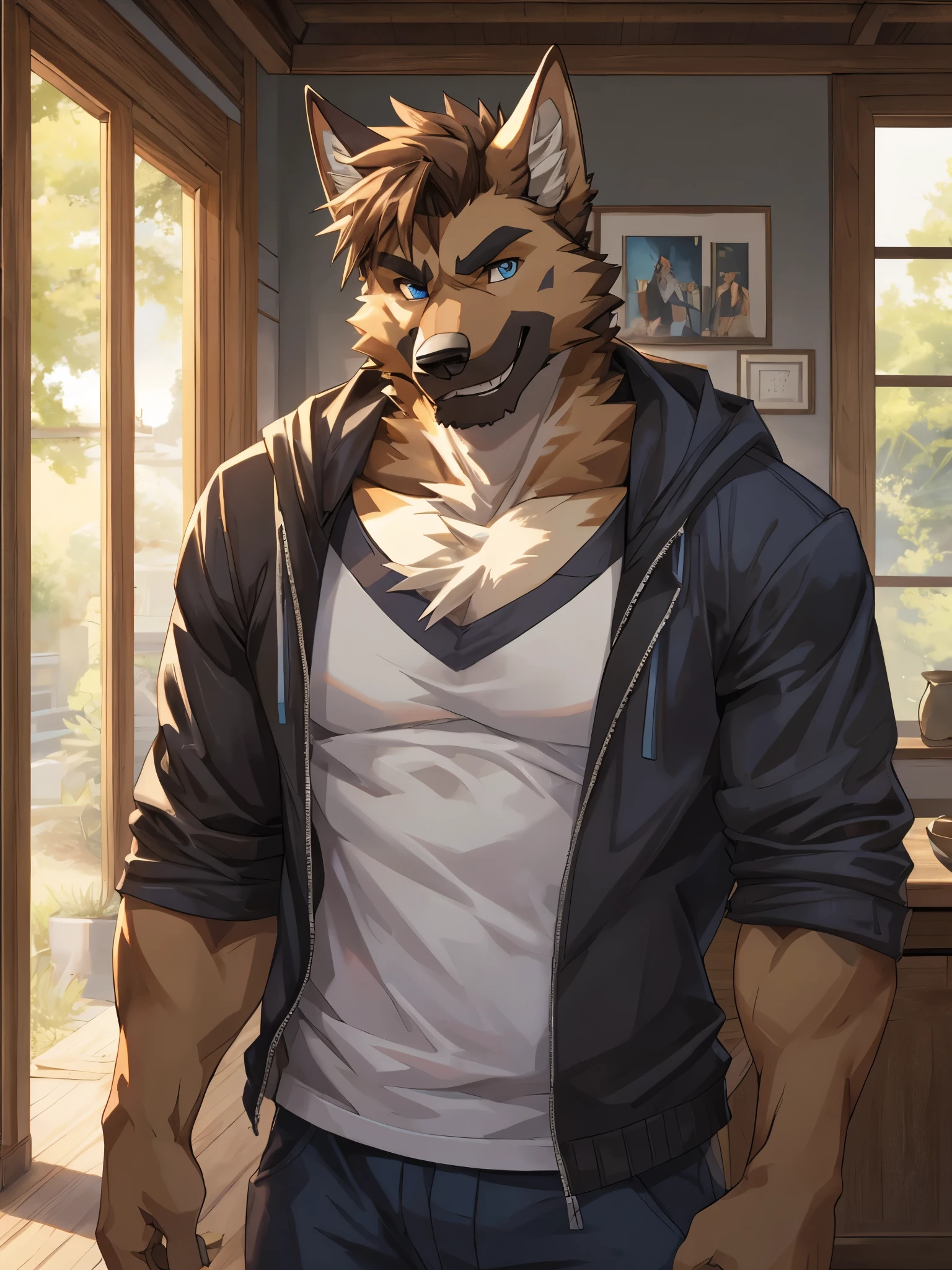 Masterpiece, Solo, Furry German Sheperd Dog, Medium Brown Hair, Muscular Body, Front View, Grinning, Fierce, Adult, Mouth open, Blue eyes, Casual Clothes, Cool pose Morning.