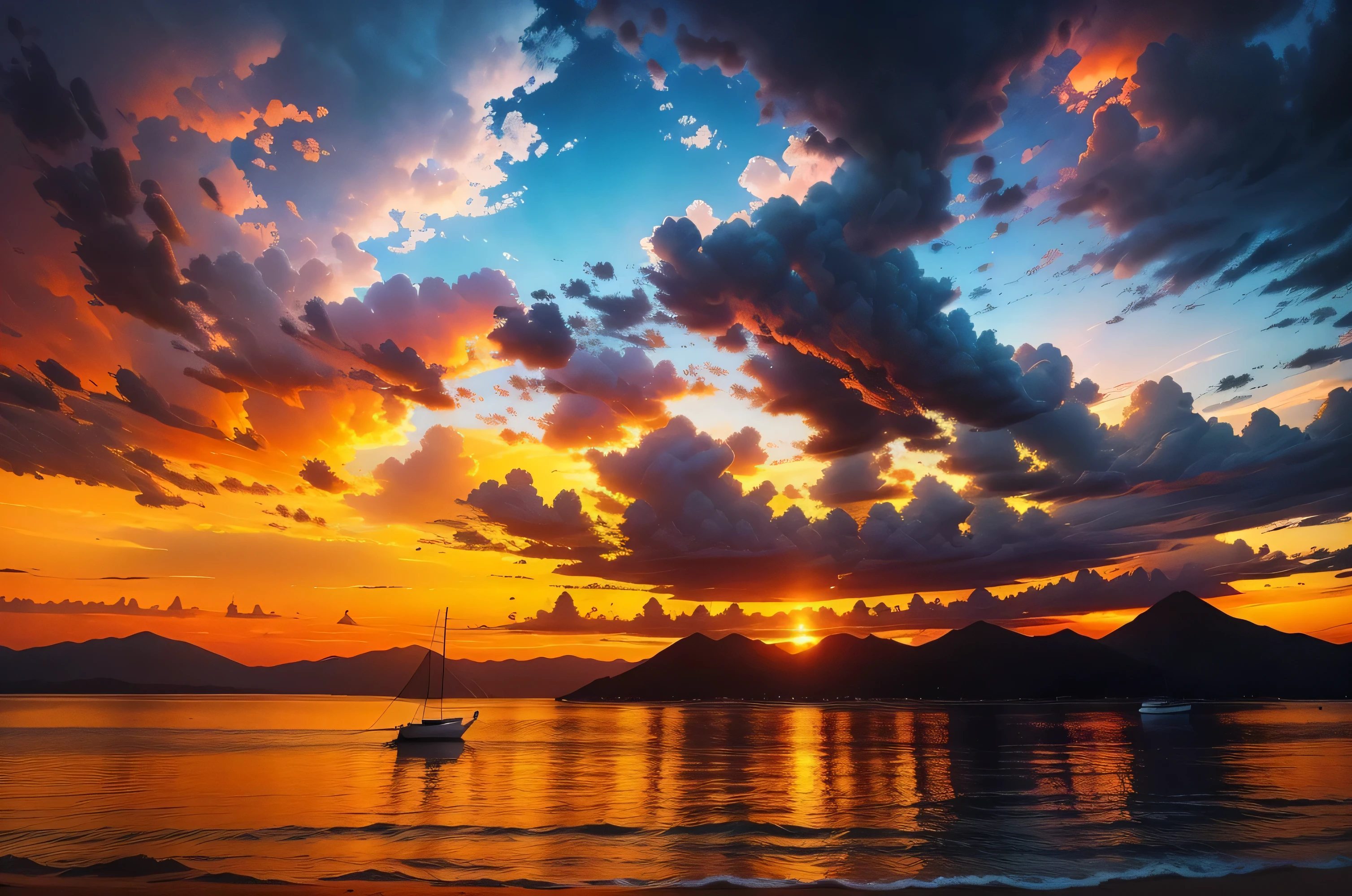 arafed view of a boat on the water at sunset, colorful sunset, dramatic sunset, colorful sunset!!, spectacular sunset, dramatic sunset and dramatic sky, stunning sky, epic sunset, amazing sky, dramatic sunrise, vibrant sunset, golden clouds, the most beautiful sunset, colours of the sunset, stunning sunset, vibrant sunset dramatic sky, sunset dramatic light, epic sky