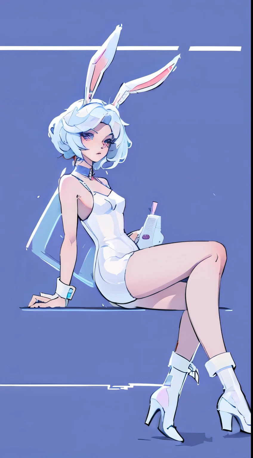 Cartoon animal design, flat style cute rabbit full body photo, simple but not lost sense of design, fresh flat style, cyberpunk elements are applied freely, the front view presents a charming cute posture, and the feet hang down in a cute posture