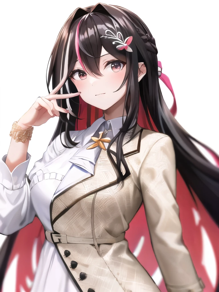 azki_(hololive), azki \(hololive\), large breasts, multicolored hair, pink hair, black hair, hair between eyes, dress, white dress, brown dress, brown jacket, jewelry, long sleeves, x hair ornament, bangs, bracelet, very long hair, streaked hair, hairclip, 