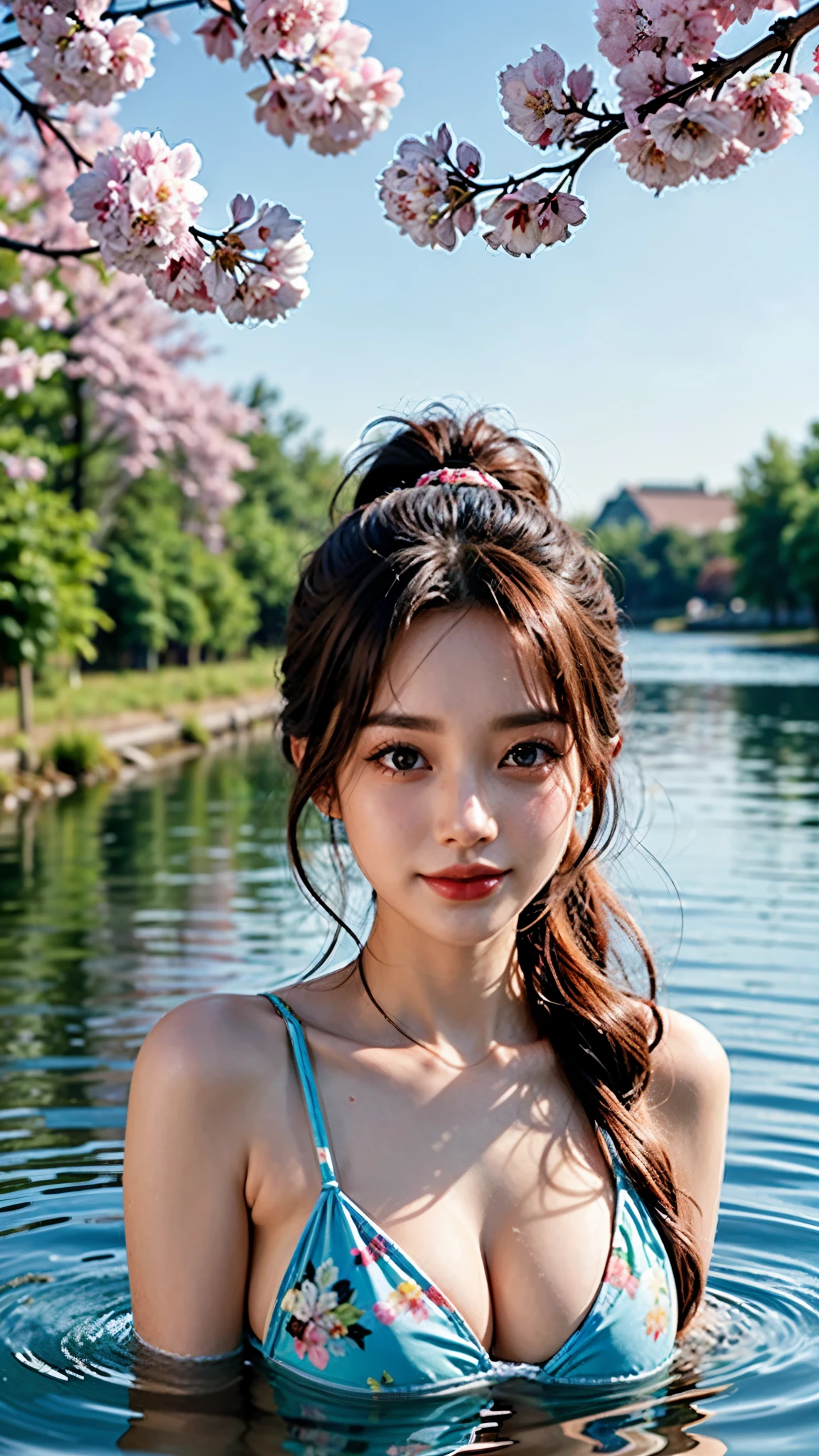 Close-up of a woman in a bikini in the water, japanese model, gorgeous bikini model, cow print bikini, swimsuit, in a bikini, ((lightbrownhair))，((big breasts 1.3))，((ponytail))，The wind is blowing，(smile)gorgeous young korean woman, beautiful korean woman, wearing two - piece swimsuit, beautiful asian girl, cute bikini, wet swimsuit,  swimsuit, young sensual gravure idol，Trees on both sides々The rough canal lined with々nice view, cherry blossomsの花 trees, cherry blossomsの木, cherry blossomsの花 forest, cherry blossoms, lush cherry blossomsの木, cherry blossomsの花s, detailed tree in bloom, cherry blossomsの木, cherry blossomsの花 rain everywhere, The blossoming road leading to heaven, cherry blossomsの木, cherry blossomsの花, in a calm landscape, beautiful tree々