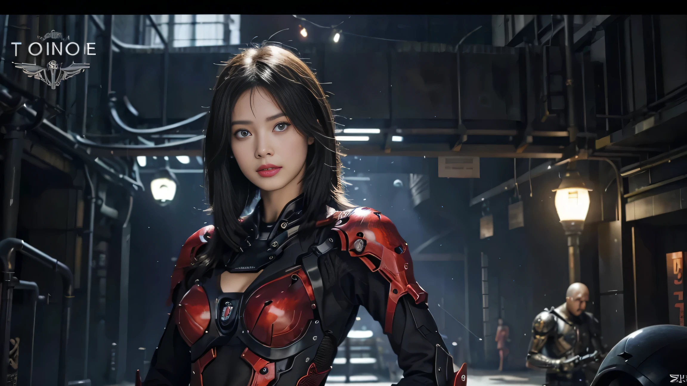 (Fight against mechanical robot soldiers)、top-quality、masterpiece、超A high resolution、(Futuristic machine gun、holding knive),(Wearing a futuristic sun visor)、(Photorealsitic:1.4)、Raw photo、1 girl、Black hair、glowy skin、((1 Mechanical Girl))、((super realistic details))、portlate、(Small LED lamp)、Wire tubes that glow all over the body、(With state-of-the-art weapons),globalillumination、Shadow、octan render、8K、Armpit、ultrasharp、Colossal 、Small LED lamp、Raw skin is exposed in cleavage、metals、blood vessels connected to tubes、With weapons、Red bodysuit、Armpit、Cyberpunk city background、Details of complex ornaments、Japan details、highly intricate detail、Realistic light、CGSoation Trends、Blue eyes、radiant eyes、Facing the camera、neon details、(Helmet of the Brave)、Mechanical limbs、blood vessels connected to tubeechanical vertebrae attached to the back、mechanical cervical attaching to neck、Wires and cables connecting to the head、Gundam、Small LED lamp、Toostock、Toostock、Futuristic machine gun、Knives、