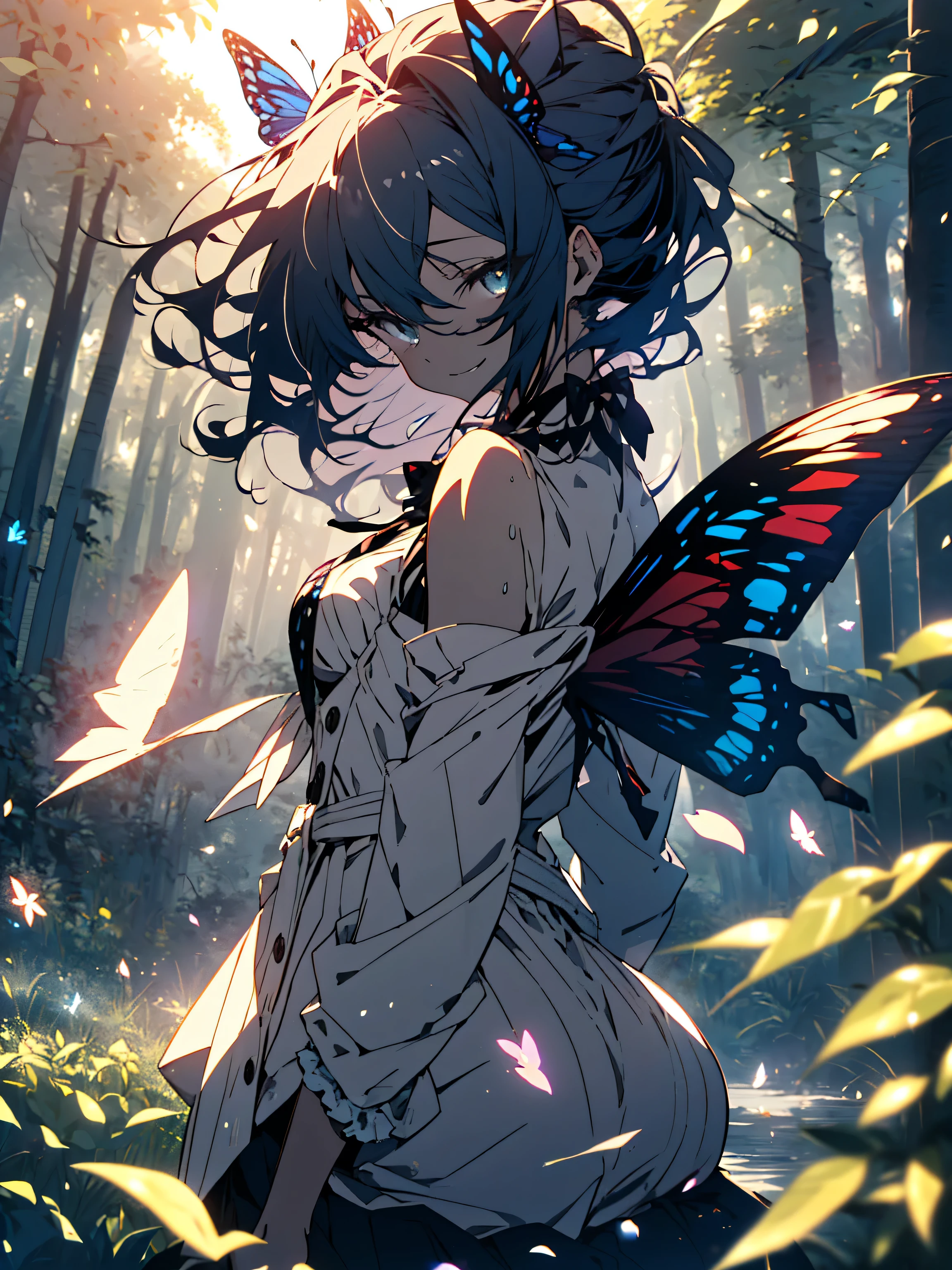 NSFW,((masterpiece)),(((highest quality))),((Super detailed)),((((Anime-like)))),((messy hair)),((frills)),(1 girl),(alone)、smile、((thigh focus))、((sex from behind)),((sexy、exposure of skin)) 、((have sex with a man))、(take off clothes))、((Get naked in a beautiful spring))、((sensual look))、(Blue rape)、(((butt focus))),((Cleavage Focus)),lipstick,dynamic angle,big sleeves,floating,beautiful detailed sky,detailed and beautiful eyes,exposed,(in the forest),(Beautiful large butterfly wings grow on its back)、((fly gracefully through the sky))、blunt side bangs,hair between eyes,ribbon,A bow tie,button,bare shoulders,(((small breasts))),fine wet clothes,gaping face,pleated skirt,flowers 、beautiful anime