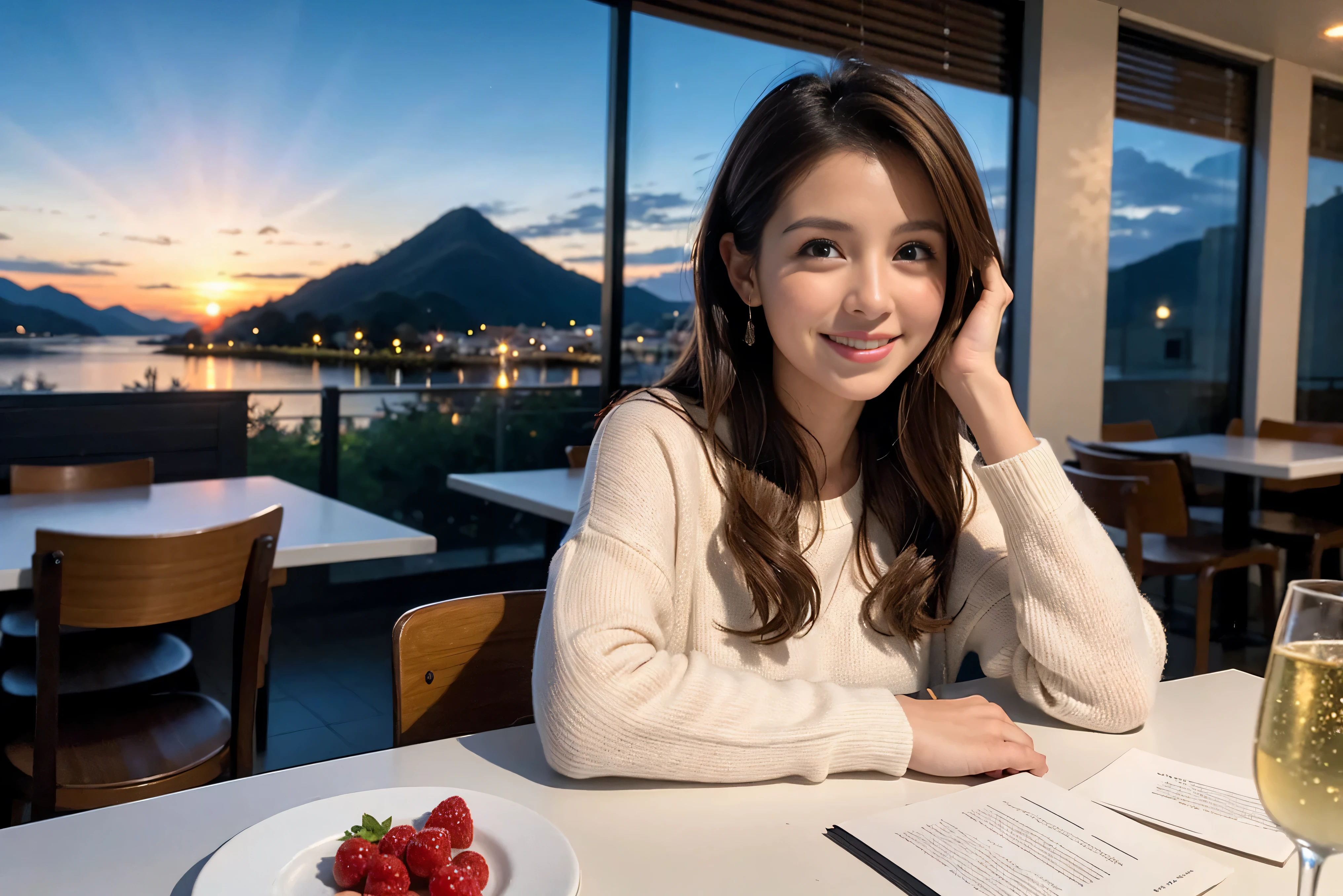 K, Hmm, highest quality, masterpiece: 1.2), (realistic, photorealistic: 1.37), Spectacular view of the sunset sky and clouds、Amazing mountain views、A bright smile、3 slim beauties, (slim face),Happy、 the best smile、Fox face、Berry Short、(because I'thin), (brown hair), (shortcut), long sleeve shirt、winter fashion、Colombian、Brazilian、Japanese、Dutch、German、Portuguese、Belgian、Italian、French,Champagne、sparkling wine、 (Squirting), (slim body), (brown hair), (shortcut), neat beauty、cheeks turn a little red, (42 years old), 38 years old, alone, A beautiful and detailed night view spreads out outside the window......., restaurant, wine glass is sitting, At night, in a prominent place (from the Upper body) nova frog style, actress, model, Upper body, White wine, slim, wine glass, Very beautiful night view, wine glass Put in the Middle, Happy smile, (smile: 1.15),