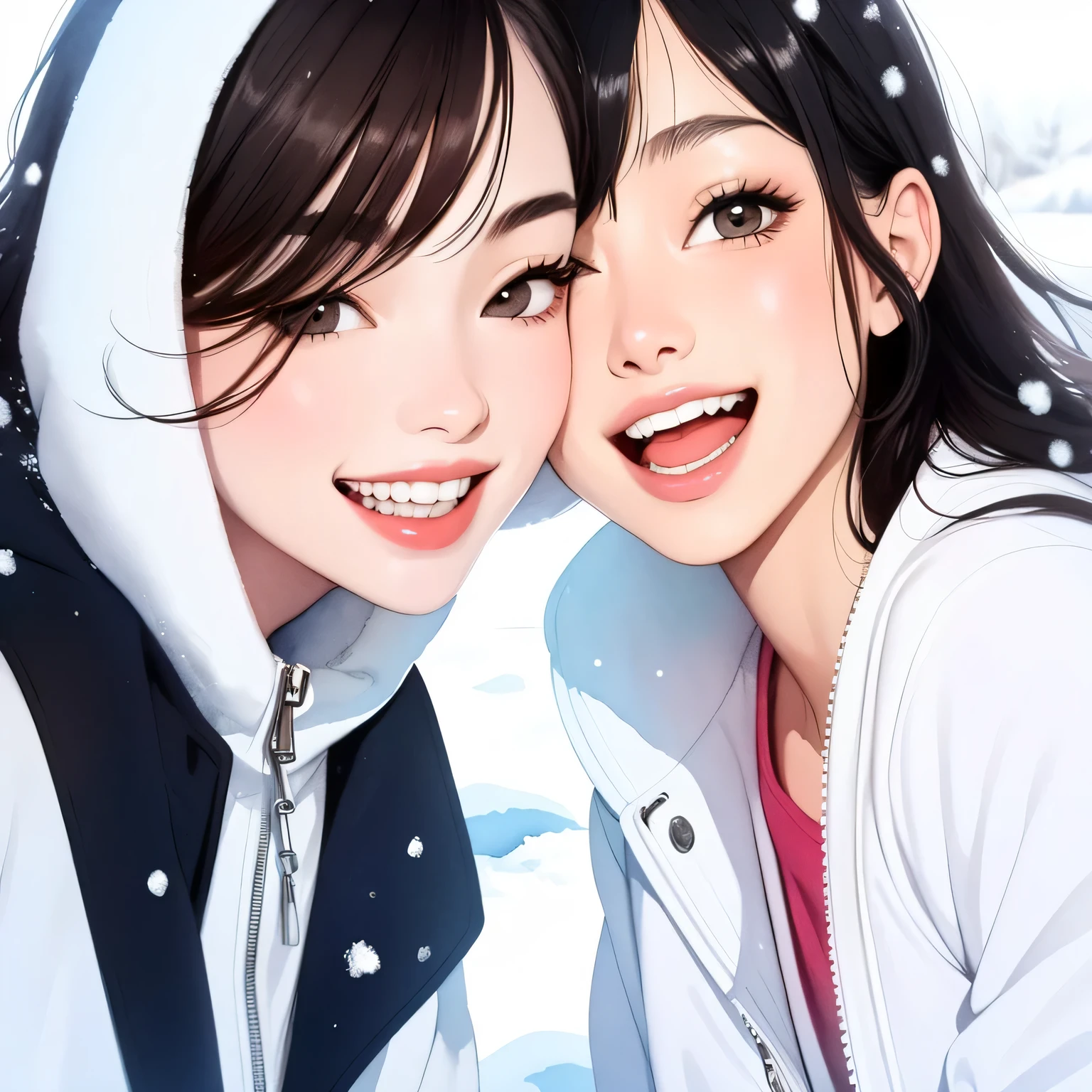 masterpiece, best quality, 2girls, , slim, flat chest, white wonyer jacket, white panties, throw snowballs, play, smile, laugh, fun, dynamic poses, winter, white, snow, best shadows, watercolor, (close up:1.3)