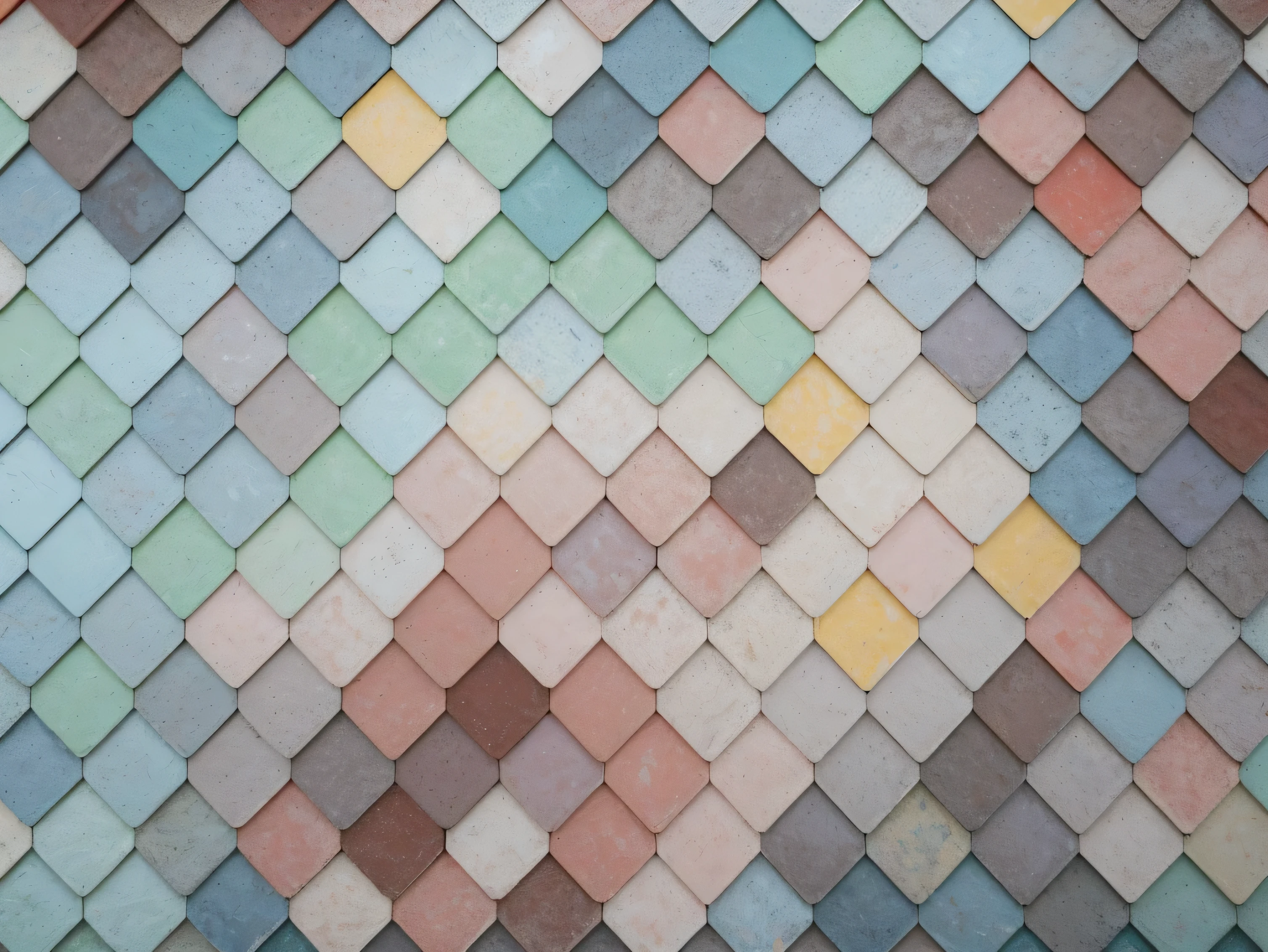 a close up of a colorful tiled roof with a red, yellow, blue, and green pattern, beautiful colorful tilework, colorful tiled architecture, roofing tiles texture, colorful mosaic, muted pastel colors, pastel texture, tiles, pastel colorful mold, tiling texture, roof background, patterned tilework, multicolored, soft scale texture, multi pastel colors