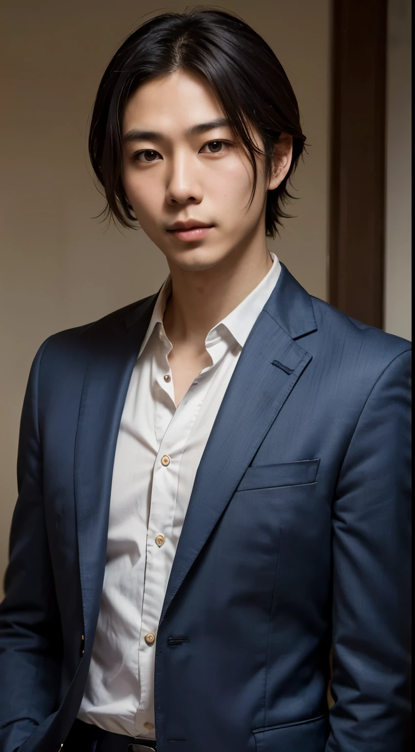 Portrait of a handsome Japanese man 25 years old round face movie look, blonde short hair, Above the chest, suits, upper body