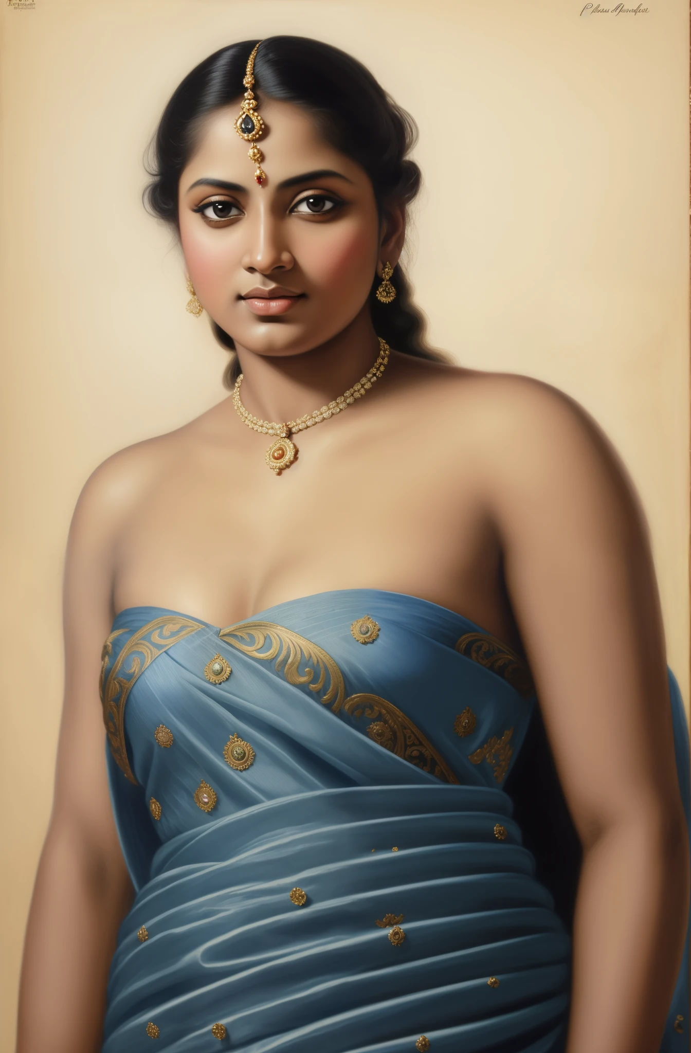 Beautiful Indian Woman, wearing saree, sari Beauty, gorgeous, Apsara, Maharani, royal queen woman, nymph from Hindu Mythology, pierced eyes, Urvashi, matchless beauty, Highly detailed, Oil Painting by Peter Paul Rubens inspired by Raja Ravi Varma, Matchless beauty, captivating, gorgeous, heavenly beauty, celestial beauty, by Peter Paul Rubens, 13, realistic, hyper realistic, micro details, incredible artwork, insane details, ultra High resolution, 8k, 32k, acrylic on canvas, intricate, flawless, detailed, detailed face, detailed eyes, masterpiece, by Peter Paul Rubens, by Caravaggio, by William Adolphe bouguereau, perfect face, perfect body, beautiful art, realism, baroque, renaissance Art, highly textured, beautiful eyes, uhd, best quality,