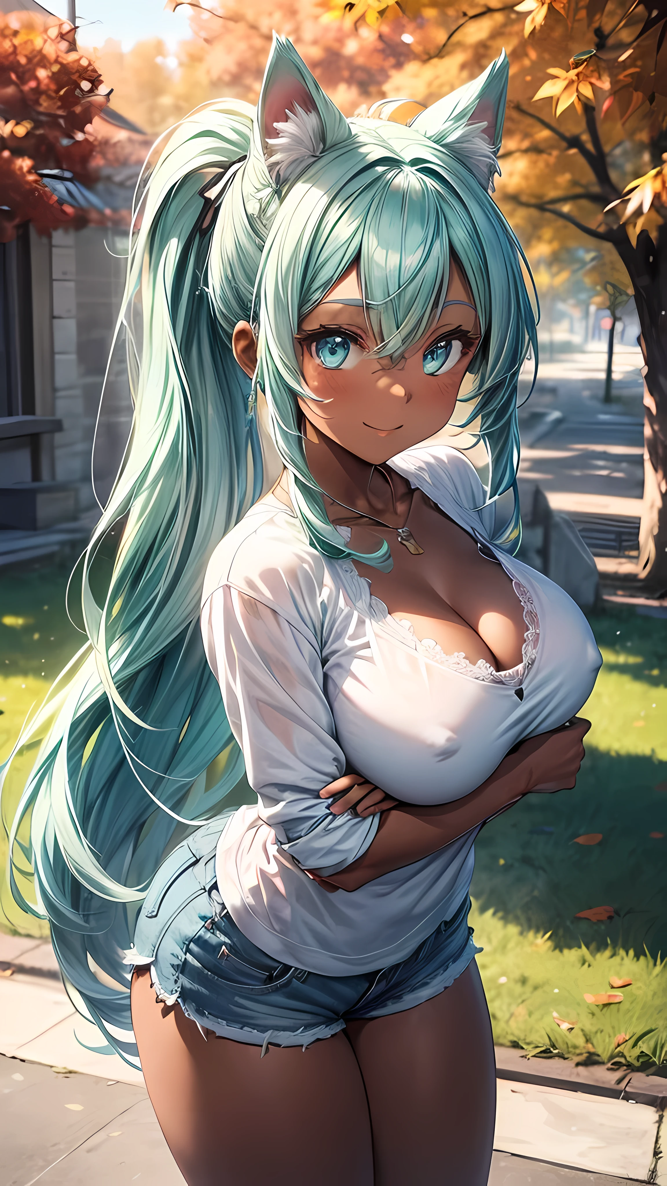 POV: Looking down at face and breasts, 1 female, dark skinned cat girl, (((dark skin))), (((mint colored cat ears))), ((appearance: subtle jewelry, silver hair clip, radiant aqua colored eyes,)), ((hair: long mint green hair, ponytail, side bangs, mint green hair, mint green cat ears, white ribbon,)), ((body: tall, slender figure, large breasts, hard nipples, wide hips,)), ((clothing: tight-fitting clothes, revealing top, white shirt, cleavage, short shorts,)), ((pose: arms behind back, bending forward, smiling, happy,)), ((scene: in a park, beautiful autumn colors,)), high quality,best quality, 8k_wallpaper,extremely detailed eyes, (large masterpiece digital art), (detailed manga illustration), (detailed line art), ((perfect)) anatomy, best hands)), (intricate details:1.3), (ultra-detailed:1.3), (illustration:1.3), (sharp focus:1.3), (natural lighting:1.05), (vivid colors:1.3),