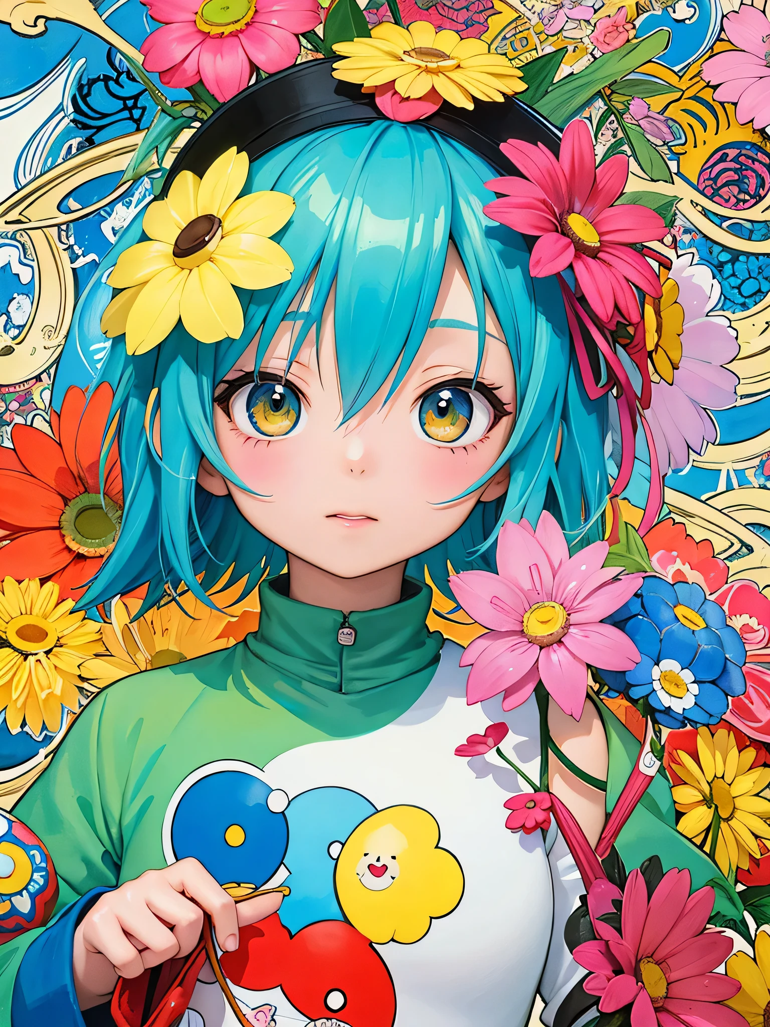 akira toriyama style、8K quality, Takashi murakami&#39;illustration of, intense watercolor, watercolor detailed art, watercolor splash, surreal, avant-garde pop art, Beautiful and expressive paintings, beautiful artwork illustration of, very colorful tones, wonderful, cool beauty, highest quality,official art, vector art,stylish design, ((most beautiful girl ever))), (((highest quality))), HDR, ((Detailed details)), (((graffiti art))), ((masterpiece))、((Super detailed))、(((colorful flowers)))、(((future city)))