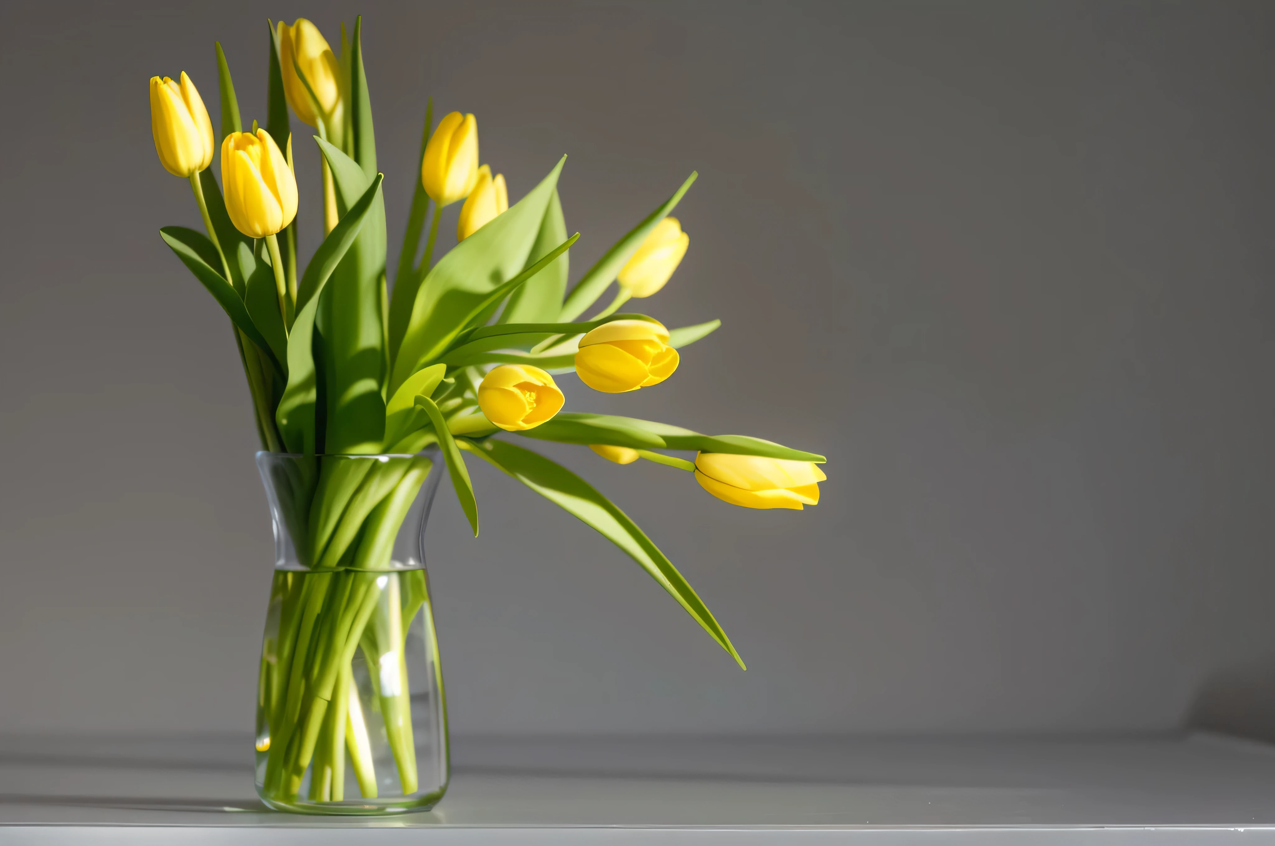 there is a vase with yellow flowers in it on a table, tulips, dslr photo of a vase on a table, in a short round glass vase, flowers and stems, tulip, vase with flowers, photorealism ”, istock, hyperdetailed photorealism”, still life photography, yellow flowers, taken with sony a7r camera, by Andries Stock, nice composition