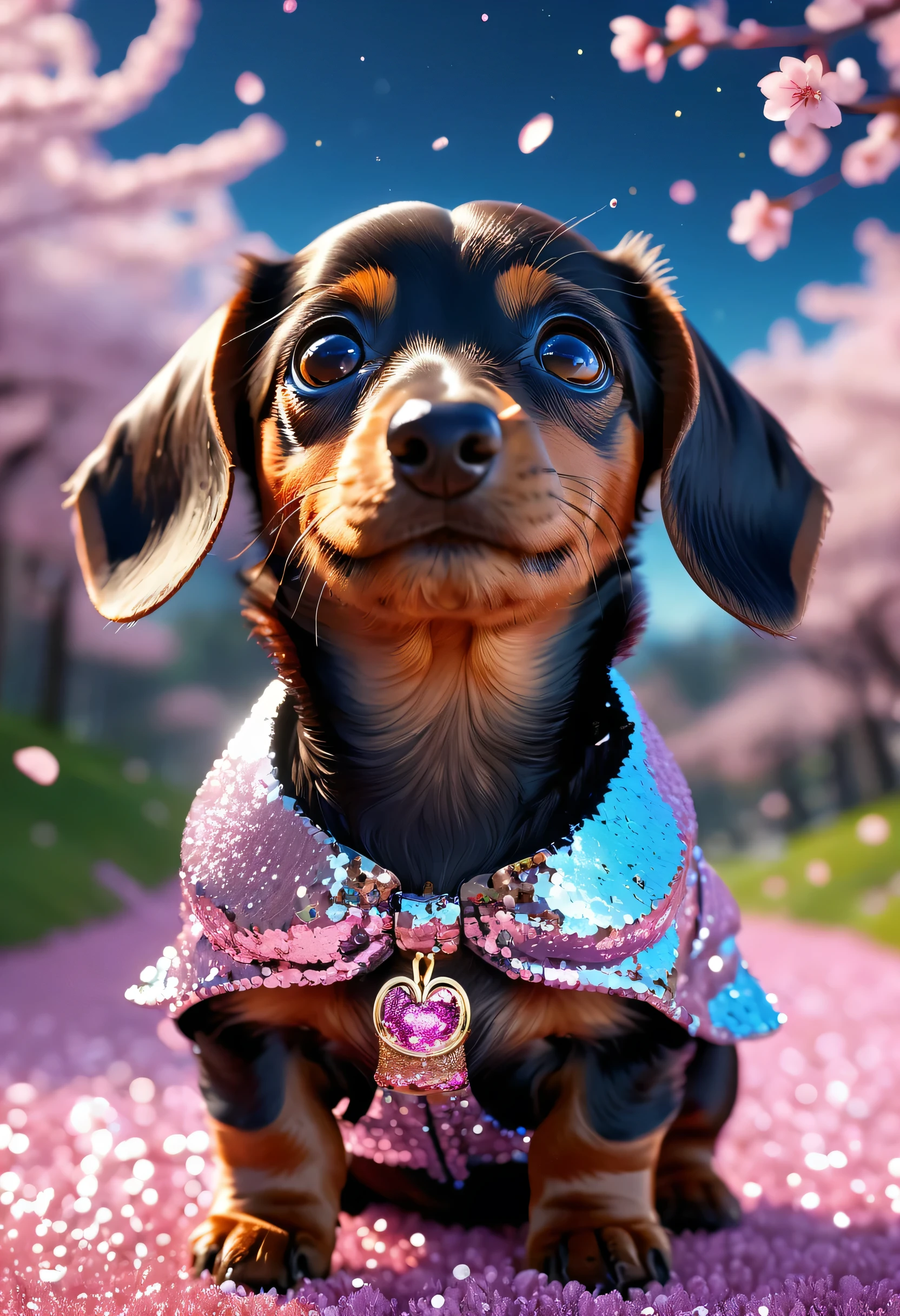front、 supersaturation, colorfully, fairy tale, dream-like, cinematic character rendering, oil, 3D, 8K resolution, sequins, Sparkling, cherry blossom forest, moonlight, Closeup portrait of adorable chibi cute anthropomorphic brown puppy miniature dachshund king, fine eyes, supple coat、large, round reflective eyes,