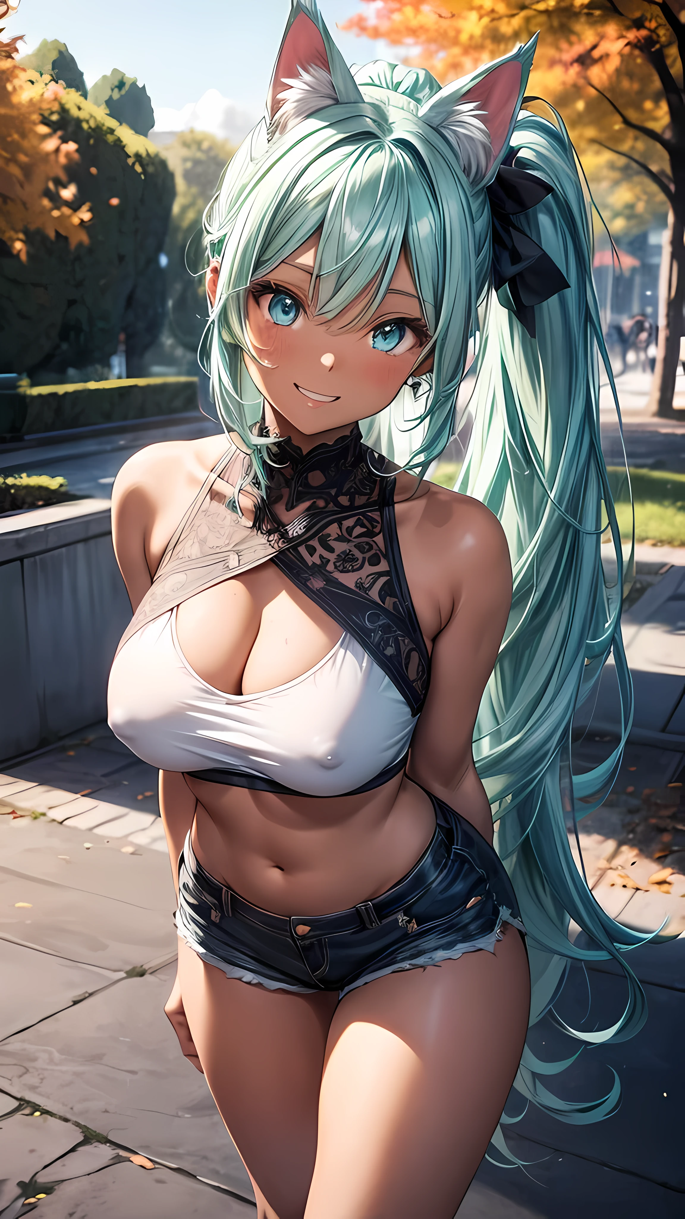 POV: Looking down at face and breasts, 1 female, dark skinned cat girl, (((dark skin))), (((mint colored cat ears))), ((appearance: subtle jewelry, silver hair clip, radiant aqua colored eyes,)), ((hair: long mint green hair, ponytail, side bangs, mint green hair, mint green cat ears, white ribbon,)), ((body: tall, slender figure, large breasts, hard nipples, wide hips,)), ((clothing: tight-fitting clothes, revealing top, white shirt, cleavage, short shorts,)), ((pose: arms behind back, bending forward, smiling, happy,)), ((scene: in a park, beautiful autumn colors,)), high quality,best quality, 8k_wallpaper,extremely detailed eyes, (large masterpiece digital art), (detailed manga illustration), (detailed line art), ((perfect)) anatomy, best hands)), (intricate details:1.3), (ultra-detailed:1.3), (illustration:1.3), (sharp focus:1.3), (natural lighting:1.05), (vivid colors:1.3),