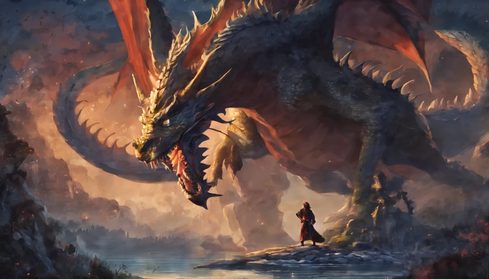 Brave young man fighting a dragon、village、night