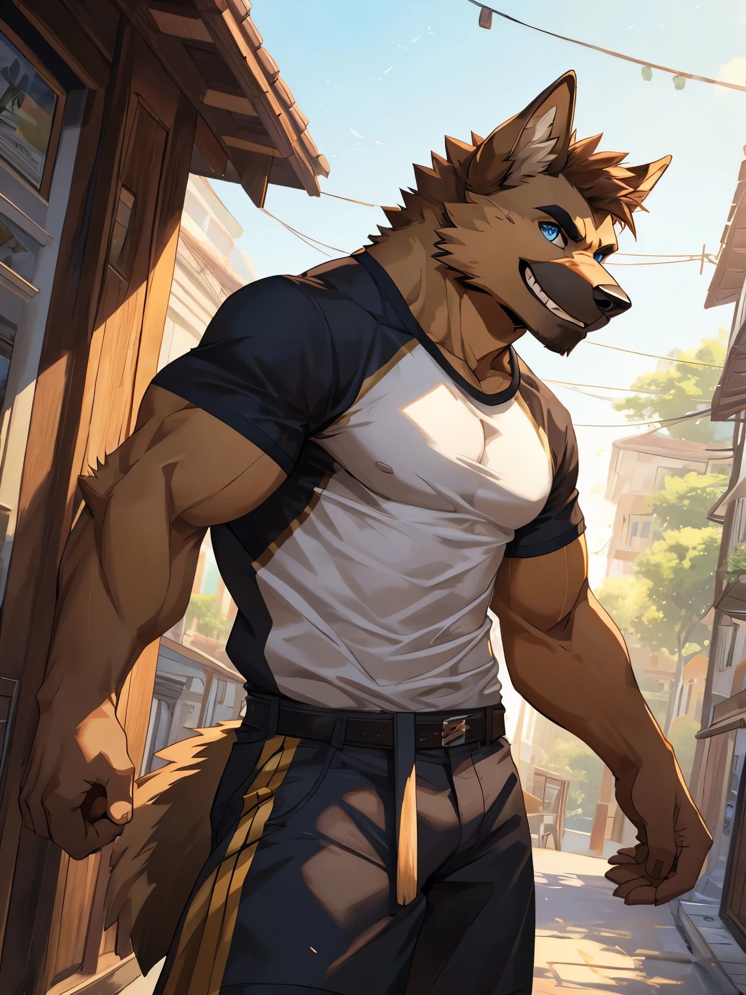 Masterpiece, Solo, Furry German Sheperd Dog, Medium Brown Hair, Muscular Body, Front View, Grinning, Fierce, Adult, Mouth open, Blue eyes, Casual Clothes, Cool pose Morning.