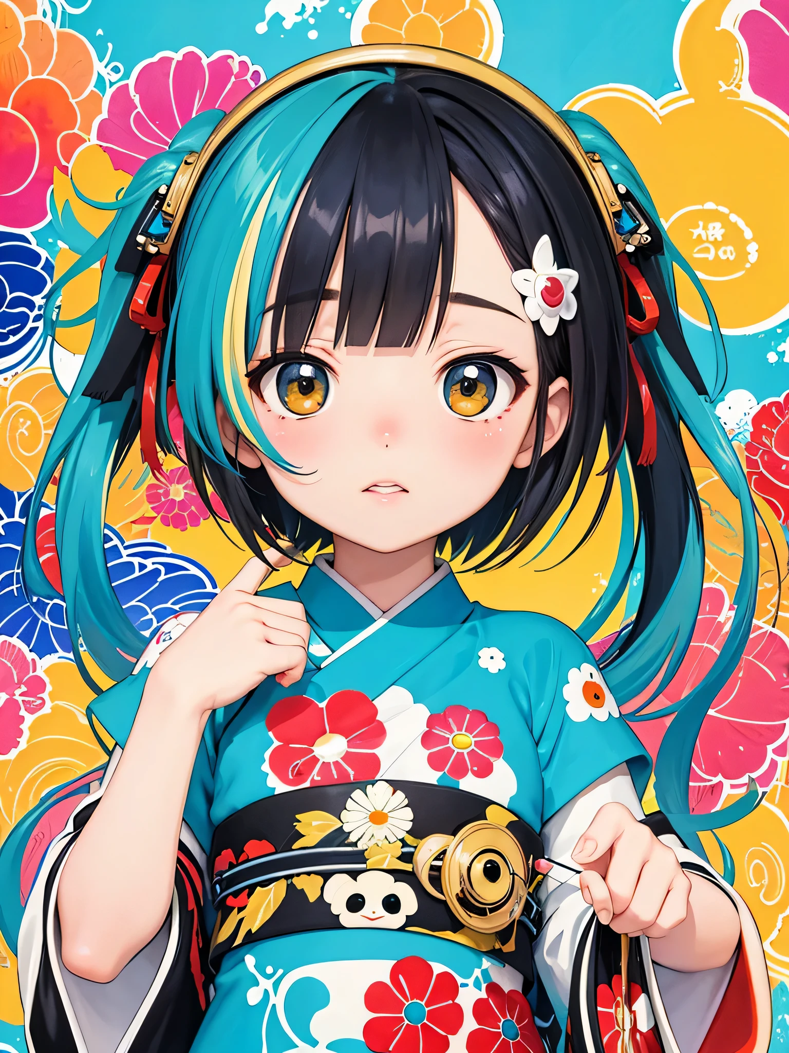 Takashi Murakami style、8K quality, Takashi murakami'illustration of, intense watercolor, watercolor detailed art, watercolor splash, surreal, avant-garde pop art, Beautiful and expressive paintings, beautiful artwork illustration of, very colorful tones, wonderful, cool beauty, highest quality,official art, vector art,stylish design, ((most beautiful girl ever))), (((highest quality))), HDR, ((Detailed details)), (((graffiti art))), ((masterpiece))、((Super detailed))、(((Tokyo)))
