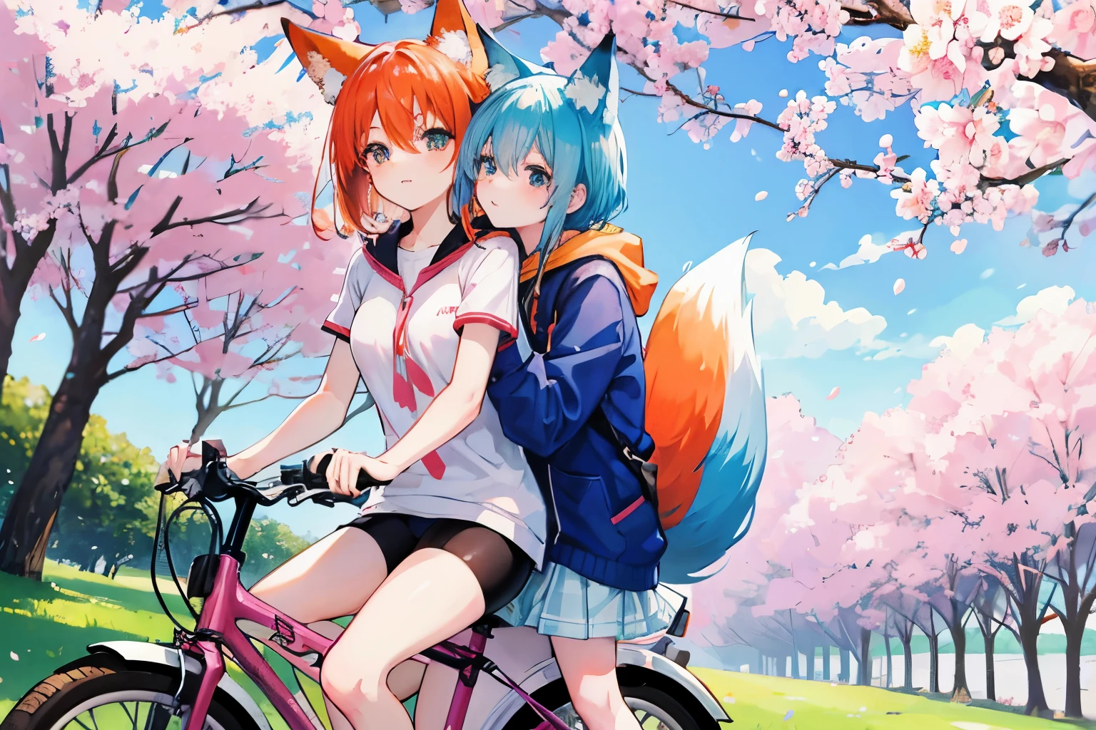 anime lesbian couple, on a single bike, cherry blossom park, back ride, grass, blue haired pedaling, her back ride is a fox anime girl with orange hair
