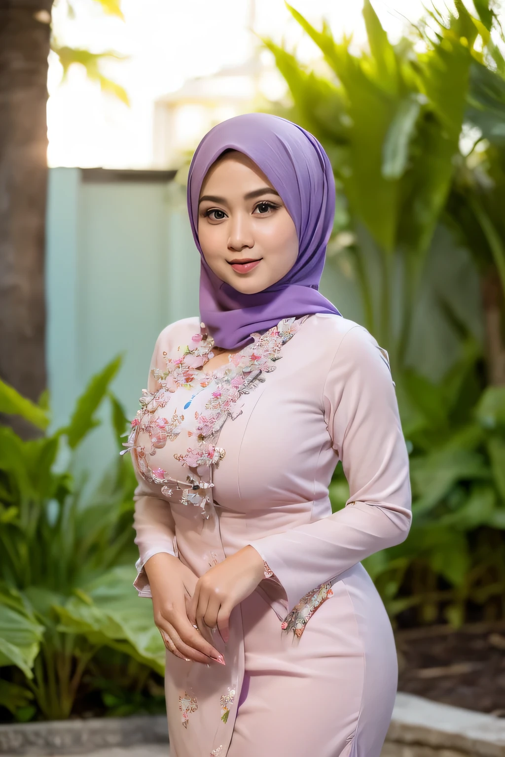 RAW, Best quality, high resolution, Masterpiece: 1.3), Beautiful Malay woman in hijab, Masterpiece, Perfect slim body, (Big breasts), Beautiful big eyes, Soft smile, Masterpiece:1.2, Best quality), Realistic, (Real picture, Intricate details, Depth of field，1 malay girl , modern plain hijab,  shy, medium portrait shot , watery  eyes ,droopy eyes, watery, lip glossy, sad face, ((big breast)), wear java wedding woman in kebaya purple dress berendra, kebaya batik, (big breast) , flower garden background, bokeh background, proportional body,