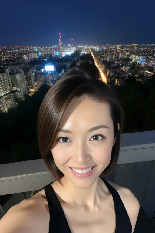 highest quality、master piece、超A high resolution、(hentel realism:1.4)、(real skin texture:1.3)、with panoramic view、porate、very wide angle lens、beautiful adult woman、Beautiful details down to the eyes and skin、small smile、wet brown short hair、small bust、small necklace、white sleeveless shirt，Please get it wet、rainの日に, You can see a bright night view from the roof of the building.、明るい夜のrain雲、rainの夜の街の明かり、rain、