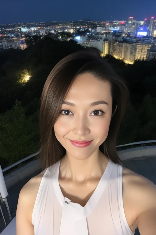 highest quality、master piece、超A high resolution、(hentel realism:1.4)、(real skin texture:1.3)、with panoramic view、porate、very wide angle lens、beautiful adult woman、Beautiful details down to the eyes and skin、small smile、wet brown short hair、small bust、small necklace、white sleeveless shirt，Please get it wet、rainの日に, You can see a bright night view from the roof of the building.、明るい夜のrain雲、rainの夜の街の明かり、rain、