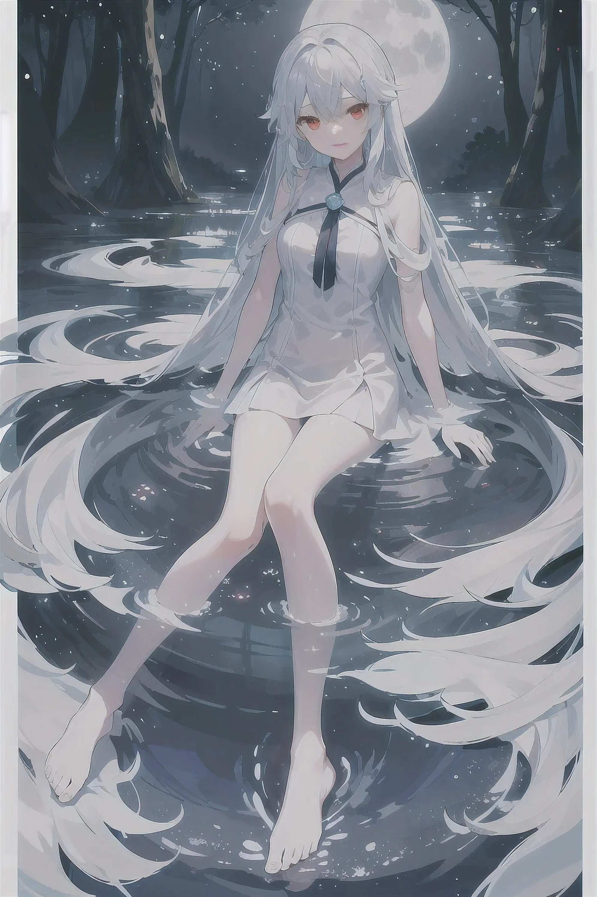 Dreamy and beautiful moonlight in the dark forest。View of a 15-year-old girl from above。(wet silver hair and red eyes)。smile slightly。She wore only a long sheer white cloth with beautiful sheer lace trim。Soak the cloth in water。(splash，Dark forest lake at night。(Hair or clothes are wet)。splash。Wet strands of hair。dripping water drops。Fantasy fireflies float in the air、Light also reflects from water。near method and far method。glitter effects。Dynamic composition with depth。extremely high quality、High level of image quality、extremely delicate。Rare workmanship，round,Room, firm breasts，No underwear），barefoot，float，water surface，（long legs，long legs，long legs，Gestalt），full-body shot。posture lying，Looking charming