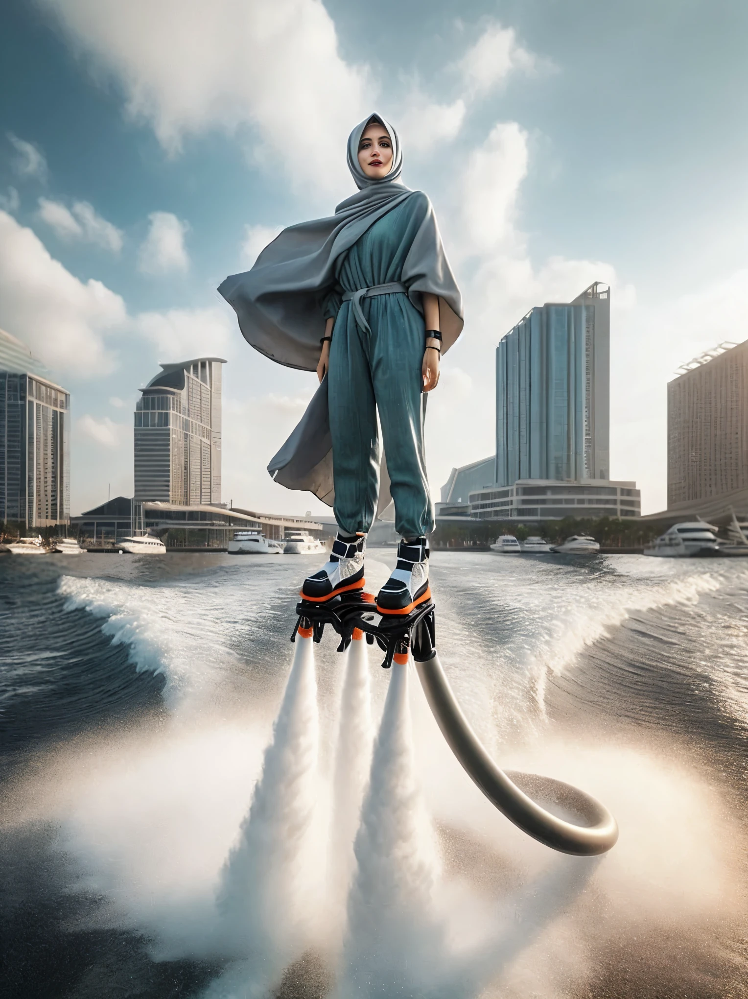 arafed man in a cape riding a jet ski in the water, hoverboard, wearing jetpack, hoverboards, jetpack, a woman floats in midair, jetpacks, fashion of the future, by Chris LaBrooy, best on adobe stock, inspired by Chris LaBrooy, inspired by Mike Winkelmann, clothes from the future