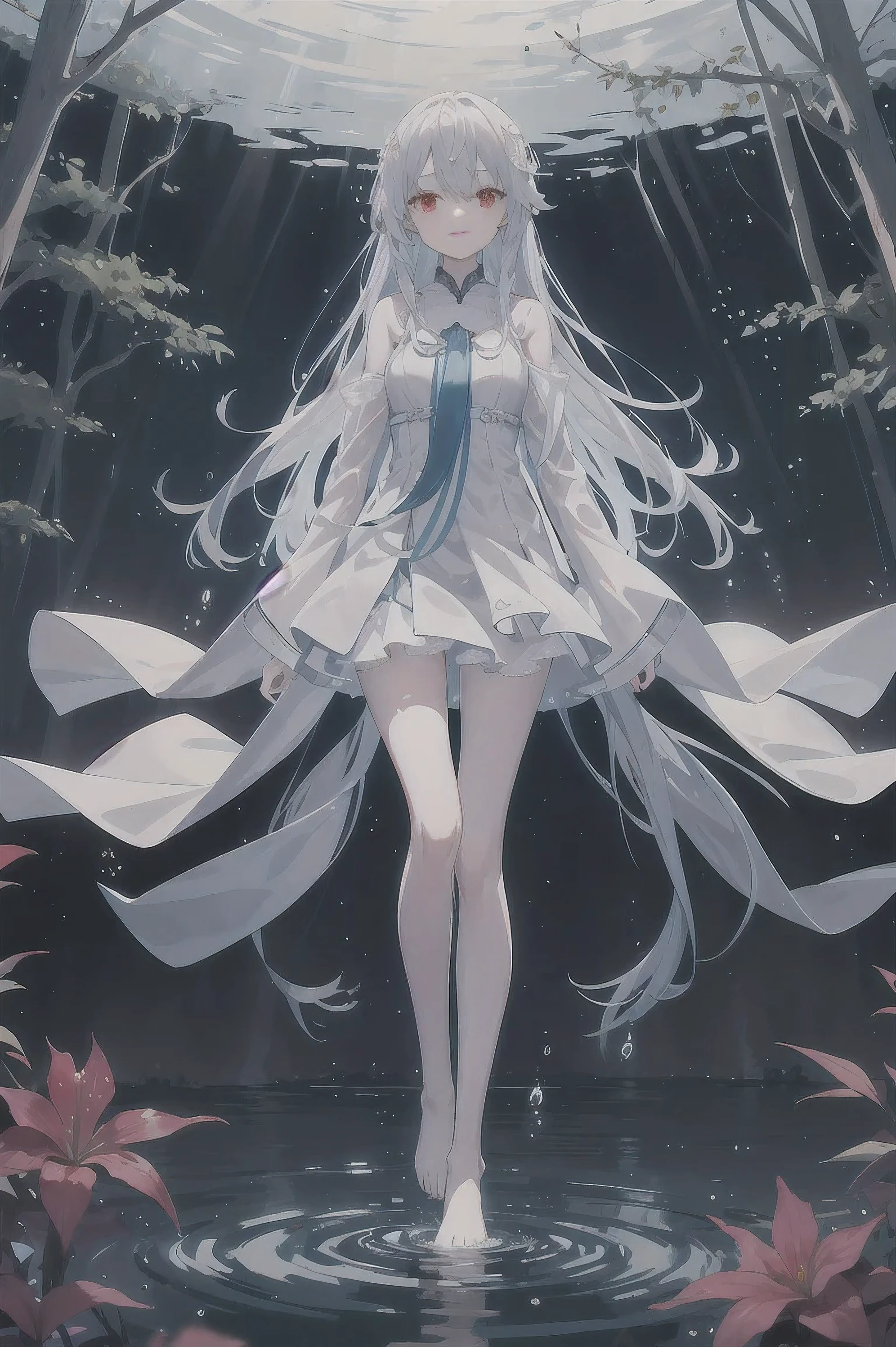 Dreamy and beautiful moonlight in the dark forest。View of a 15-year-old girl from above。(wet silver hair and red eyes)。smile slightly。She wore only a long transparent white cloth with beautiful lace trim。Soak the cloth in water。(splashing in the dark forest lake at night)。(Hair or clothes are wet)。splash。Wet strands of hair。dripping water drops。Fantasy fireflies float in the air、Light also reflects from water。near method and far method。glitter effects。Dynamic composition with depth。extremely high quality、High level of image quality、extremely delicate。Rare workmanship，round,Room, firm breasts），barefoot，float，water surface，（long legs，long legs，long legs，Gestalt），full-body shot。standing posture