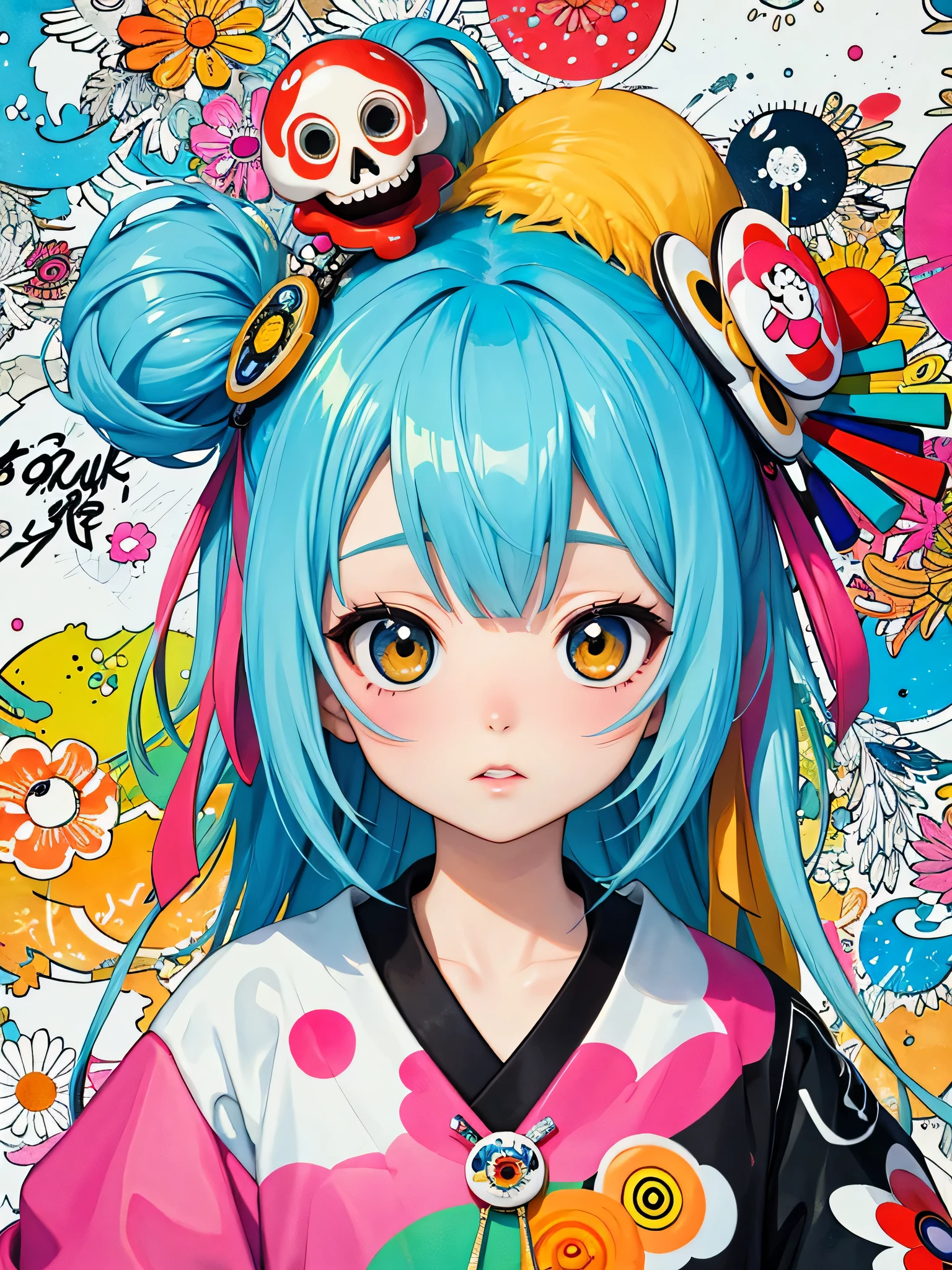 Takashi Murakami style、8K quality, Takashi murakami'illustration of, intense watercolor, watercolor detailed art, watercolor splash, surreal, avant-garde pop art, Beautiful and expressive paintings, beautiful artwork illustration of, very colorful tones, wonderful, cool beauty, highest quality,official art, vector art,stylish design, ((most beautiful girl ever))), (((highest quality))), HDR, ((Detailed details)), (((graffiti art))), ((masterpiece))、((Super detailed))、(((Tokyo)))、SKULL fashion