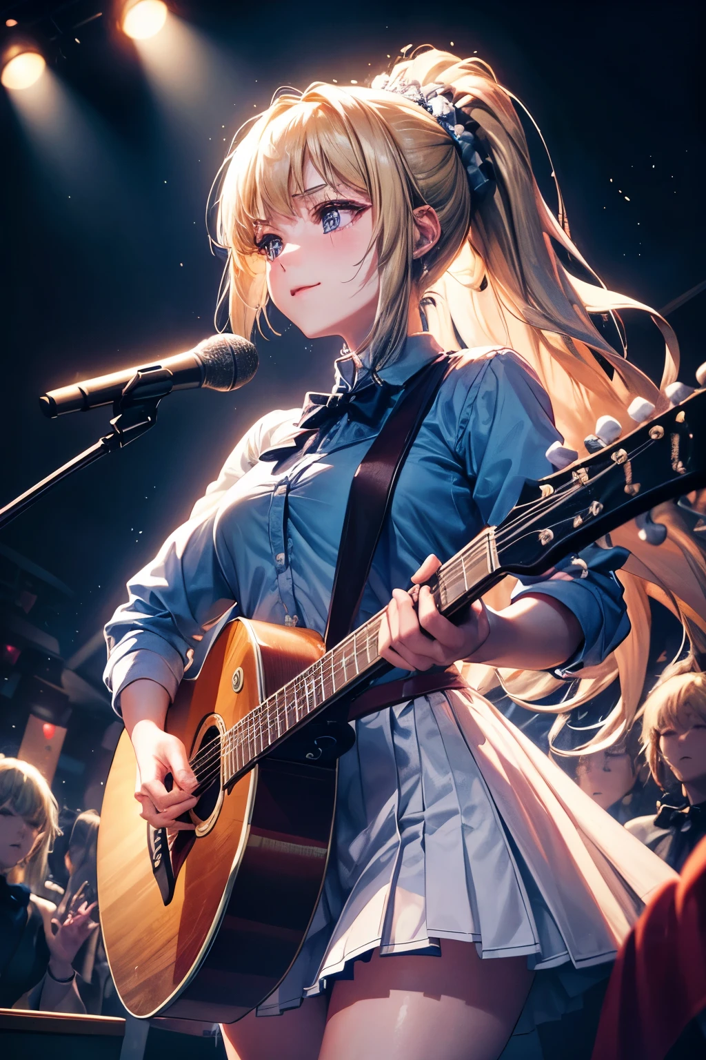 best quality,4k,8k,highres,masterpiece:1.2),ultra-detailed,negative space:1.2,1 girl:1.4,kei karuizawa,singer,stage performance,ponytail,purple eyes,blonde hair,spotlight,vibrant colors,vintage microphone,emotional expression,ethereal setting,soft lighting,stage fog,serene atmosphere,solo performance,confident posture,mesmerizing voice,crowd applause,shadow and light contrast,dynamic composition,rich textures,vivid musical notes,energetic strumming,powerful vocals,deep emotional connection,haunting melody,captivating performance,pensive mood,poetic lyrics,transcendent experience, smilin