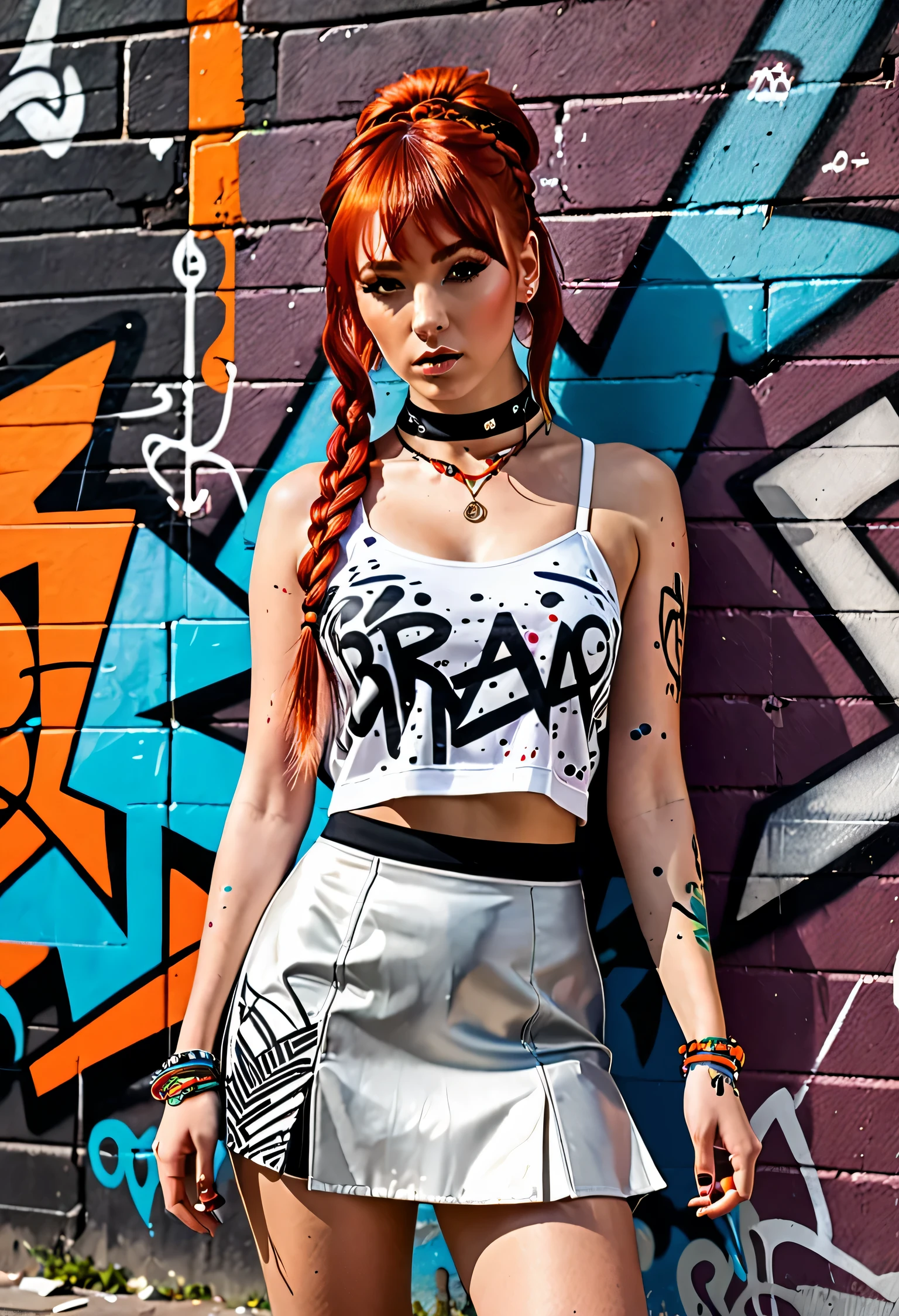 masterpiece, best quality, 1girl, solo, stylish crop top, vibrant red hair, elegant braid, soft bangs, alluring choker, (graffiti:1.5), artistic paint splatter, seductive arms behind back, leaning against wall, looking at viewer, fashionable armband, urban hiphop style, flirty skirt, playful head tilt, intense expression, warm orange, dynamic asymmetrical design, bold geometric shapes, creative street art