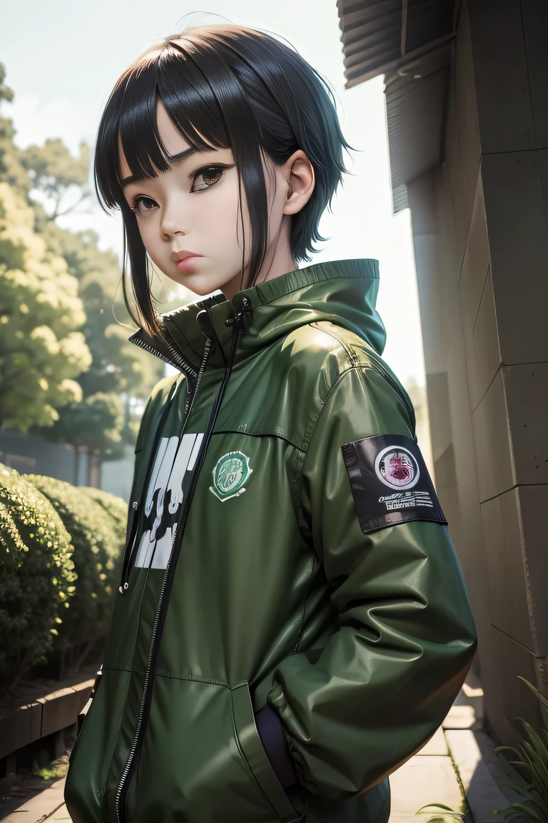 Menino do anime no uniforme verde de frente, com rosto no angulo na camera, shin megami, Lain Iwakura, Arte Oficial, Shin megami tensei, imagem de anime shuushuu, Retrato de Lain Iwakura, Iwakura Lain, Directed by: Rumiko Takahashi, yukio - e, Melhor Design de Personagens de Anime, Yosuke Ueno, Personagem de anime, imagem de anime safebooru, Make landscape of trees behind it, deixe tudo em 3d mais realista,