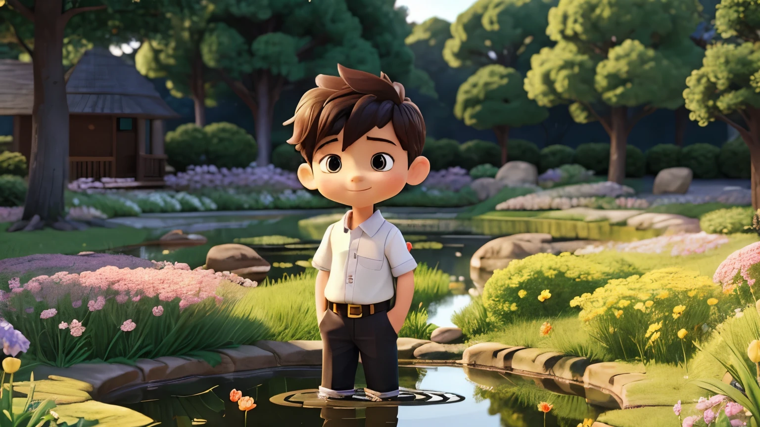 (masterpiece, best quality),A little boy holding a flower in the pond, Official illustration, cute numbers, Lovely and detailed digital art, 3D rendering stylization, boy standing in flower field, artstation for kids art, Beautiful digital illustration, Doujinshi, Stylized for 3D rendering, He is the center of the garden, cute numbers艺术