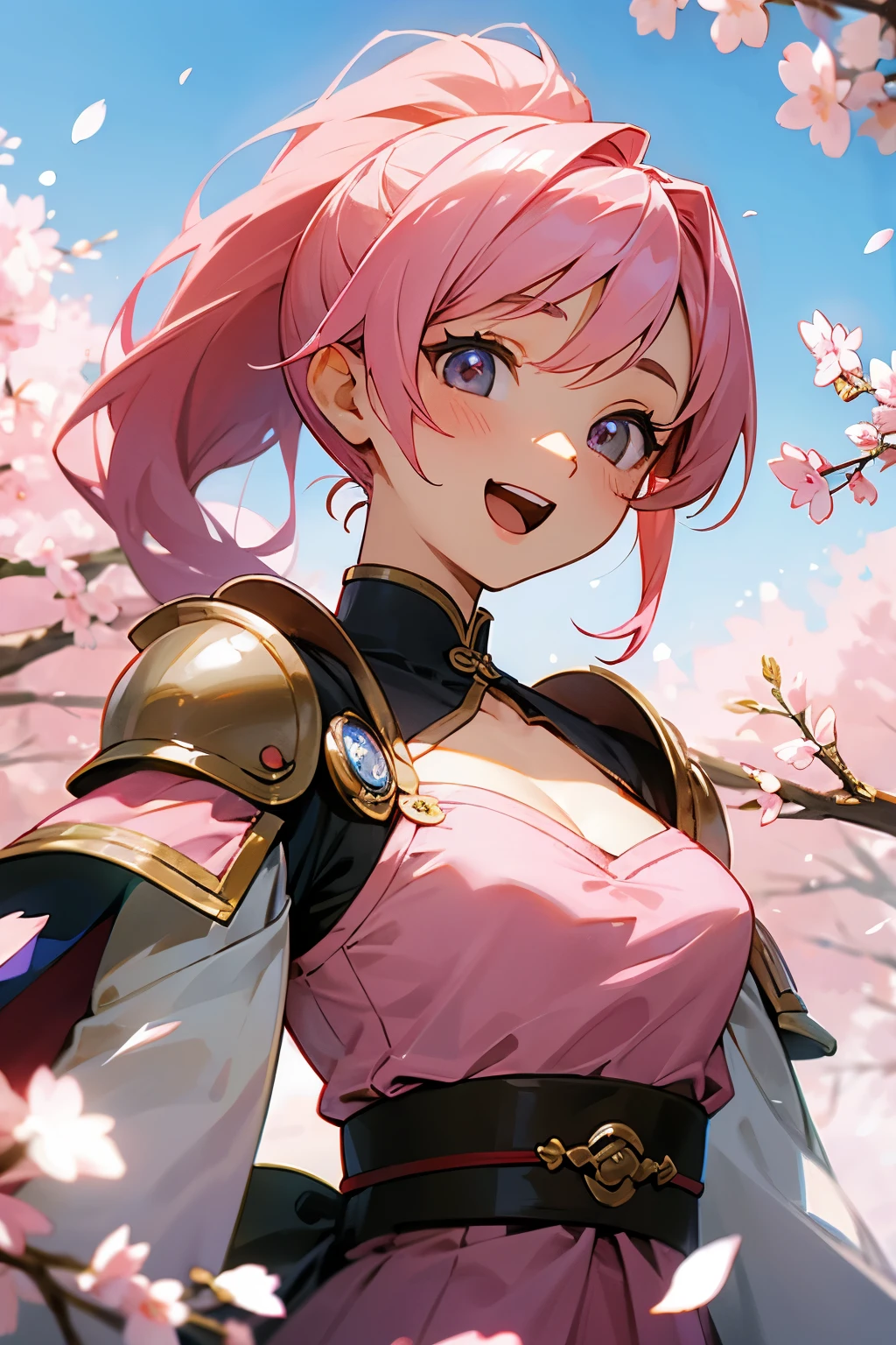 masterpiece、High resolution、highest quality、4k、1 beautiful girl、real anime、warrior、cherry blossom armor、Big eyes、cute eyes、pink hair、ponytail、open mouth smile、cheek、raising one hand、A small bird is perched on one hand.、big breasts、cleavage、Background of many cherry blossoms blooming、Many cherry blossom petals are flying、
