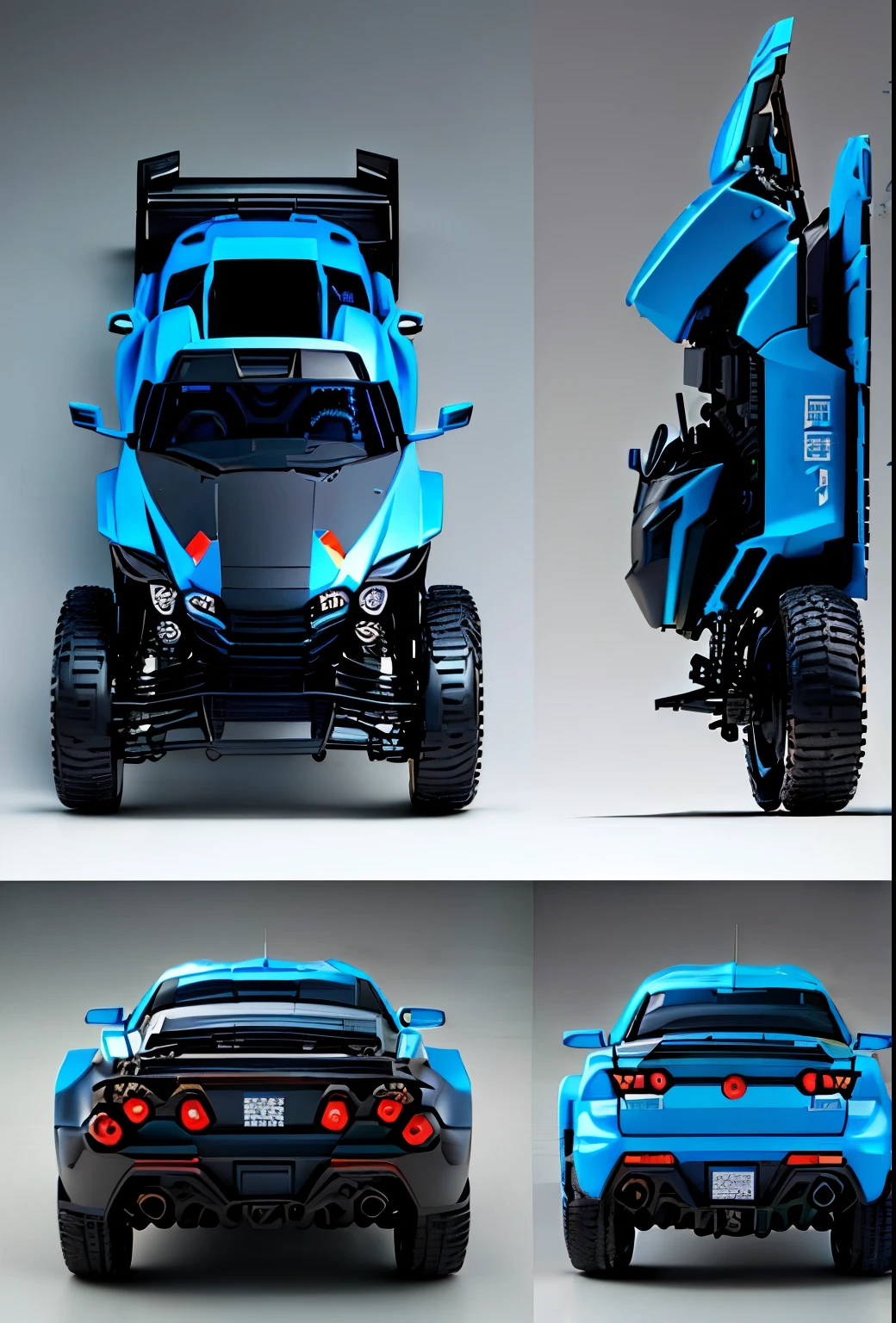 3D toy huge body car, monster track car1 figure, made in japan, (((multiple views of the same character)))， close-up, 3d, super detailed, generate three views, namely front view, side view and rear view, no boundary line, C4D, octane rendering, Blender, HD, full body, simple background!!! --ar 16:9 --niji 5 --style expressiveness