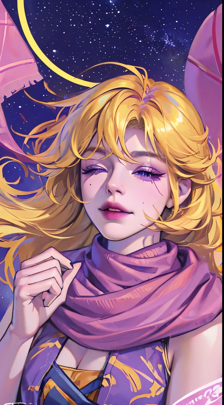 1girl, ahoge, bangs, blonde hair, blowing kiss, blue eyes, blue scarf, brown scarf, cleavage, closed mouth, eyelashes, face, floating hair, hair between eyes, heart, lips, lipstick, long hair, looking at viewer, makeup, night sky, nose, one eye closed, orange scarf, pink lips, pink scarf, portrait, purple eyes, realistic, red lips, red scarf, scarf, signature, smile, solo, space, spoken heart, star (sky), starry sky, upper body, watermark, yang xiao long, yellow scarf