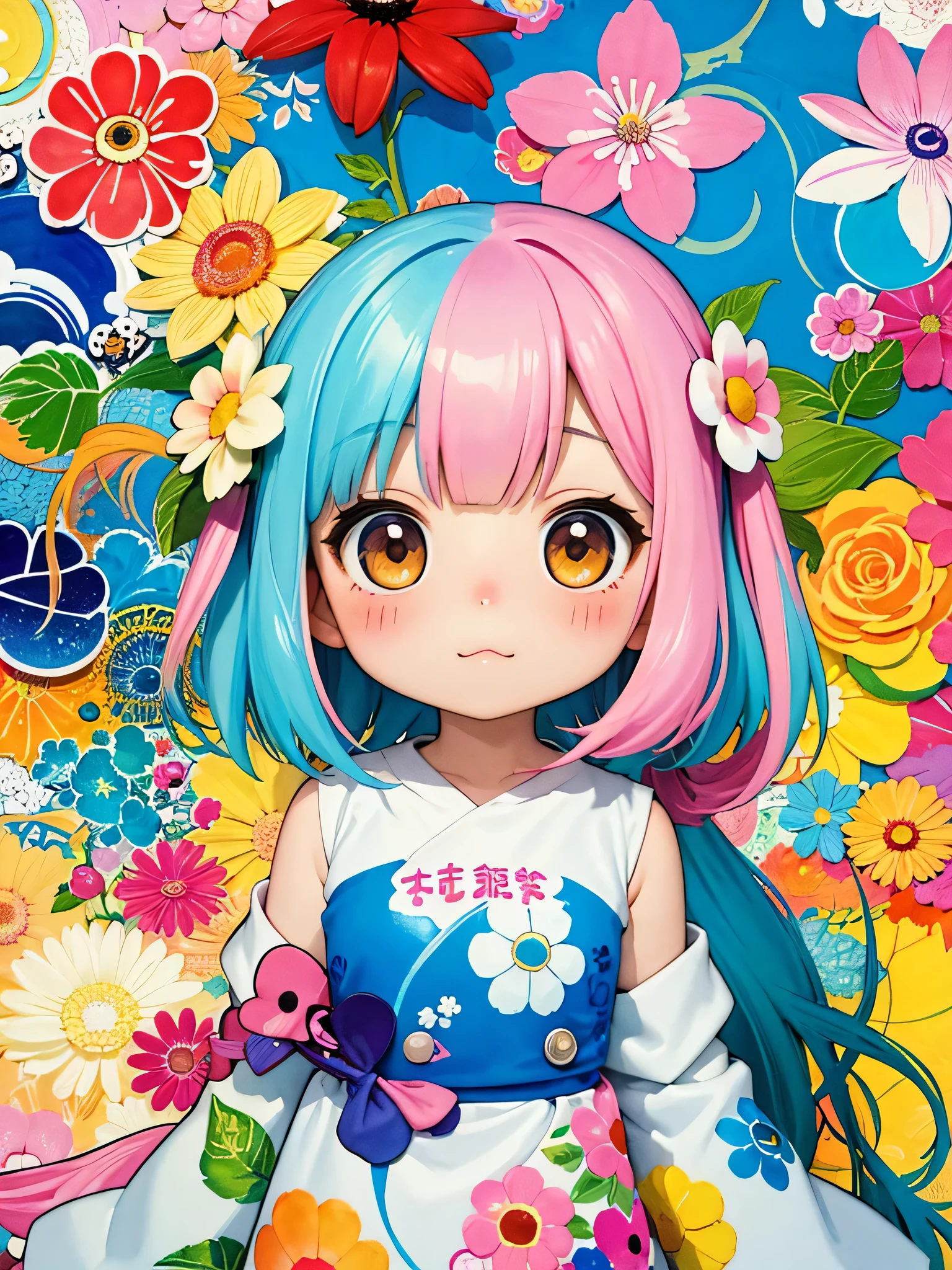 8K quality, Takashi murakami'illustration of, intense watercolor, watercolor detailed art, watercolor splash, surreal, avant-garde pop art, Beautiful and expressive paintings, beautiful artwork illustration of, very colorful tones, wonderful, cool beauty, highest quality,official art, vector art,stylish design, (((Chibi)))、(((cutest girl ever))), (((highest quality))), HDR, ((Detailed details)), (((graffiti art))), ((masterpiece))、((Super detailed))、(((colorful flowers)))、(((Kobe)))