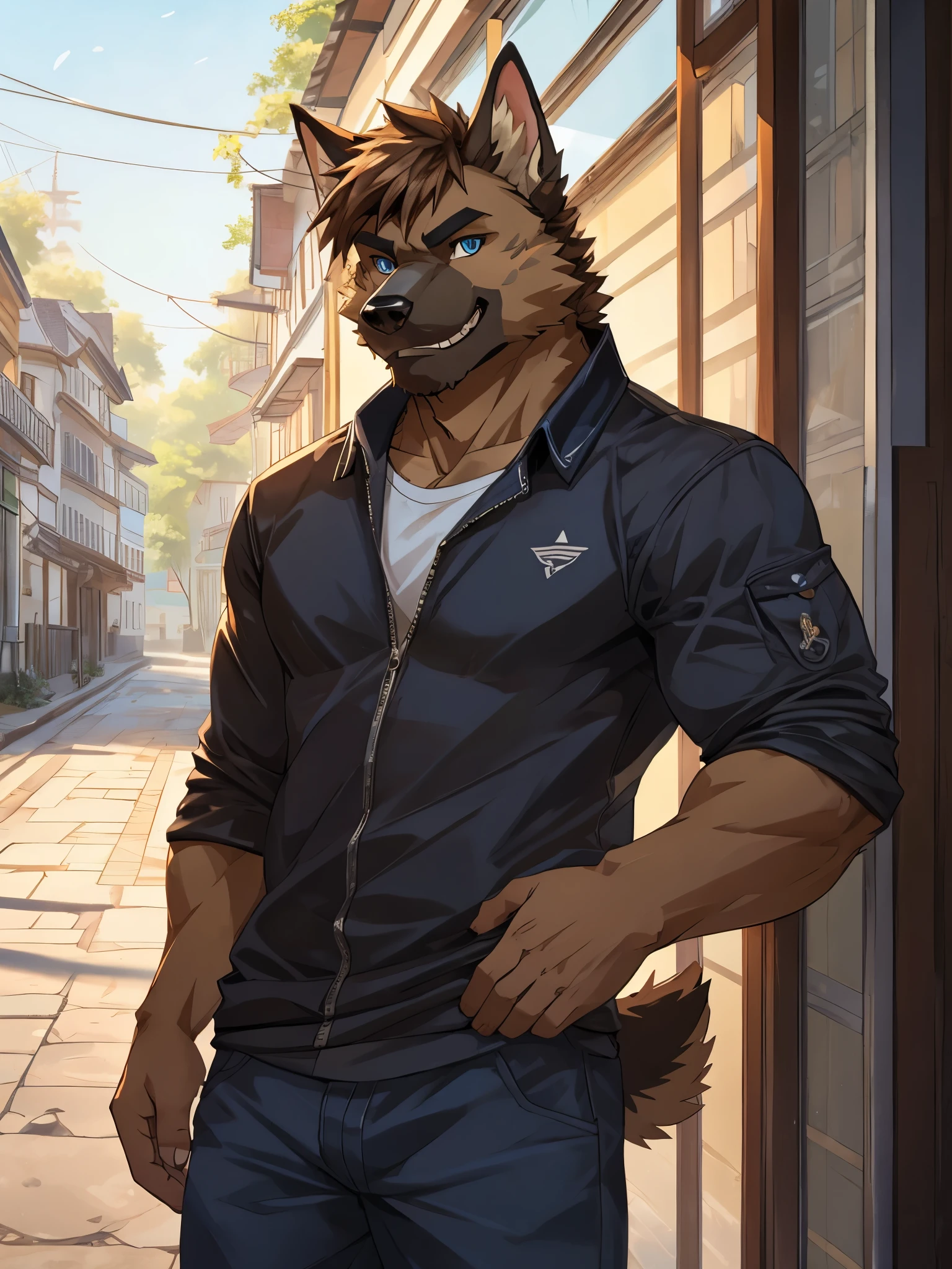 Masterpiece, Solo, Furry German Sheperd Dog, Medium Brown Hair, Muscular Body, Front View, Grinning, Fierce, Adult, Blue eyes, Casual Clothes, Cool pose, Morning.