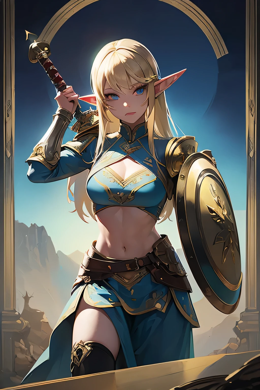 ((masterpiece, best quality)), (elf ears), female elf singing, female blonde elf with blue eyes in armor, stunning character art, character art of a beautiful female elf singing:1.4, athletic body, muscular:1.3, Well trained, abs, epic exquisite character art, character art portrait, rossdraws 1. 0, high quality digital concept art, beautiful female knight wearing armor, a blonde warrior, holding weapon and shield, holding a sword and shield, the elf, she is wielding a sword, wielding a shield, shield and sword, wielding a sword & A shield, elf princess knight