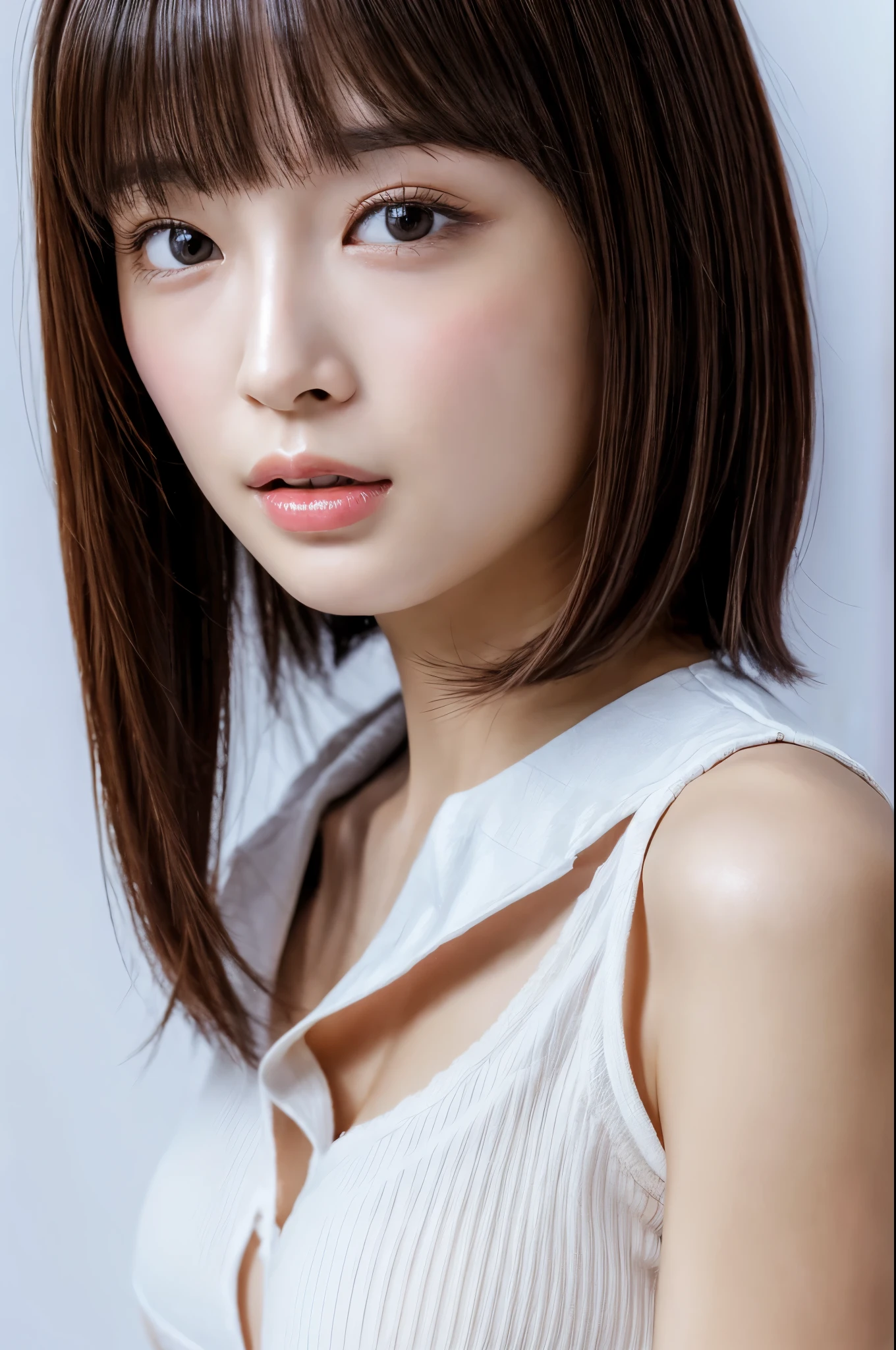 (masterpiece:1.2), super detailed, ultra high resolution, (realistic, photo realistic:1.37), High-definition RAW color photos, professional photos, dramatic lighting, facial light、sharp focus:1.2, (Highly detailed face and skin texture, very fine eyes, shiny skin, glowing skin, glowing skin, shining face, luster, oily skin, oily face, oily skin, oily face, Strong gloss), perfect ???????, highly detailed background, 1 female, 30 year old woman, Japanese woman, (medium hair, straight hair, bangs:1.3, brown hair), (scrawny:weight1.0), (flat chest:1.3), (table top:1.2), close up of shirt, underboob, loose white shirt, black leggings, (sexy panty strap:0.5), , (full body:1.2), seductive pose, looking at the viewer, sexy look、lure、press for a kiss、(view from below:1.2), nsfw, Ulchan-6500-v1.1