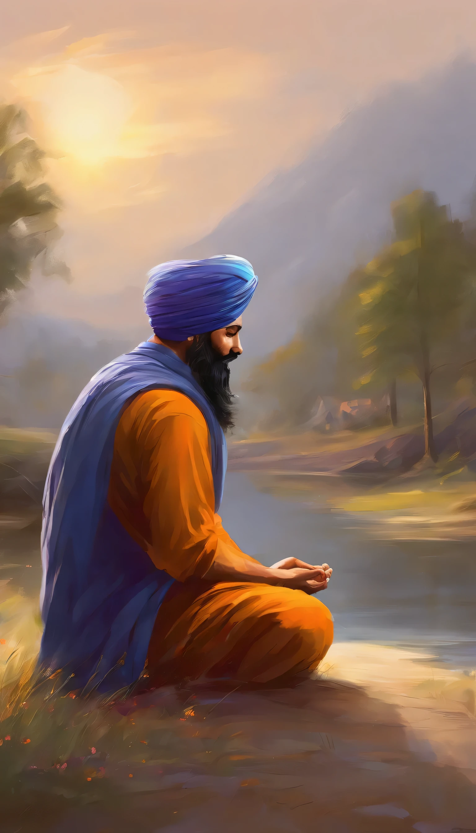 A sikh man praying sit on ground in peaceful environment, high resolution, extremely detailed, oil painting, high quality, 32k