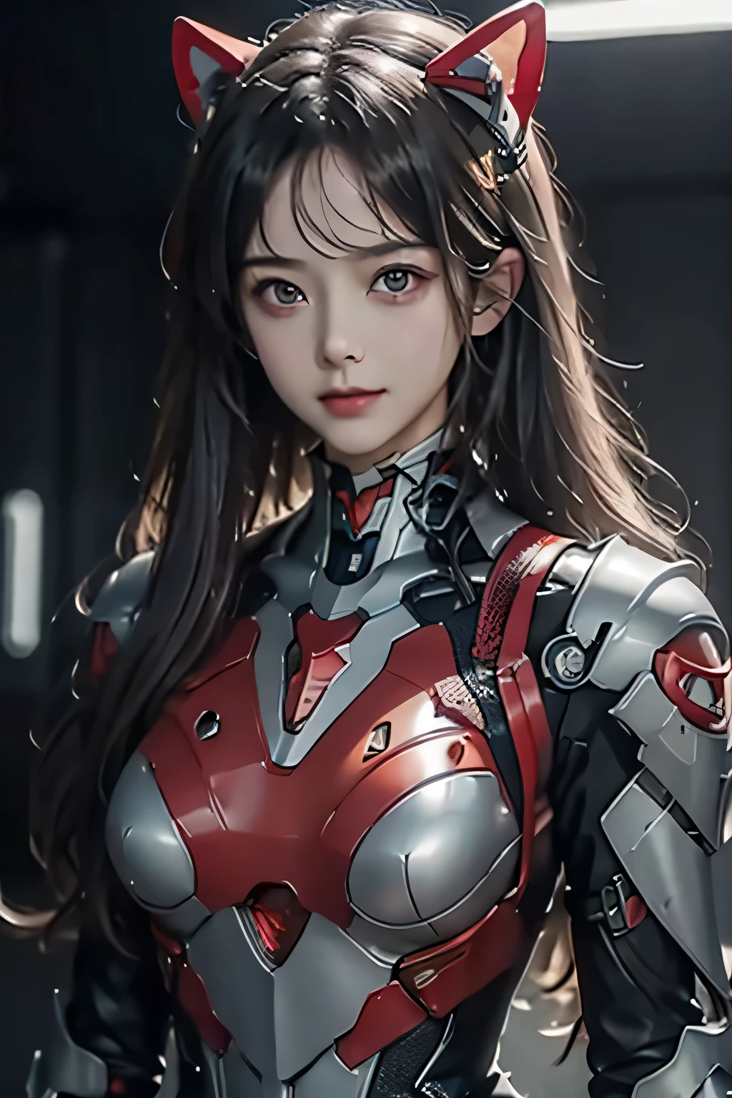Girl 18 years old, long gray hair, Neon Genesis Evangelion style armor, medium breasts, In the data center, stop