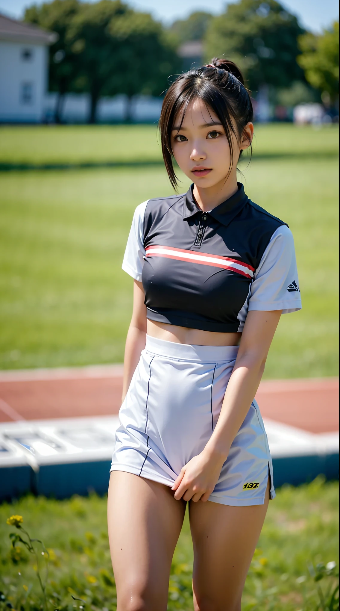 highest quality, masterpiece, ultra high resolution, (realistic:1.4), RAW photo, 
1 girl, ************, Japanese track and field athlete, Rear view, on the track of an athletics stadium, ((wearing a track and field uniform, upward waist, very cute face, black short hair)), ((Uniform with upper and lower parts))、short torso, Beautifully detailed body, Beautiful detailed legs、NSFW、