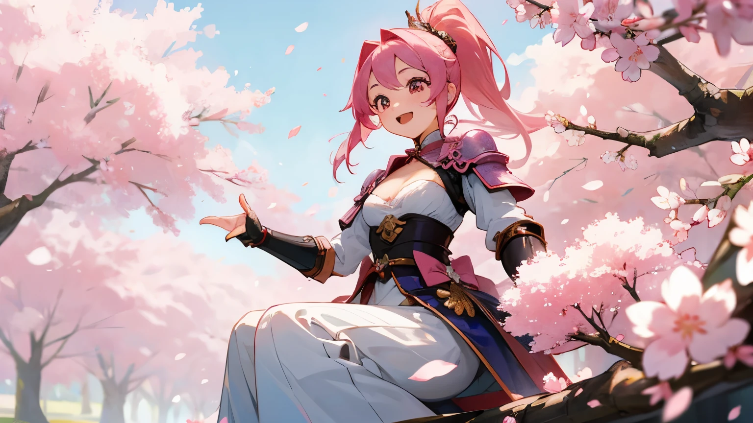 masterpiece、High resolution、highest quality、4k、whole body、1 beautiful girl、real anime、warrior、cherry blossom armor、Big eyes、cute eyes、pink hair、ponytail、open mouth smile、cheek、raising one hand、A small bird is perched on one hand.、big breasts、cleavage、Background of many cherry blossoms blooming、Many cherry blossom petals are flying、
